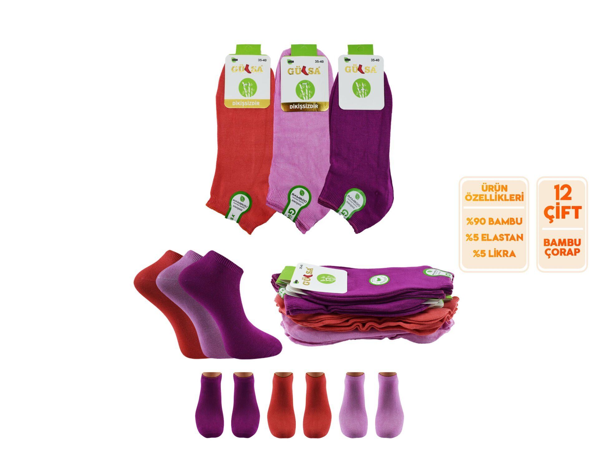 Gülsa 02 Bayan Dikişsiz Bambu Patik 12'li