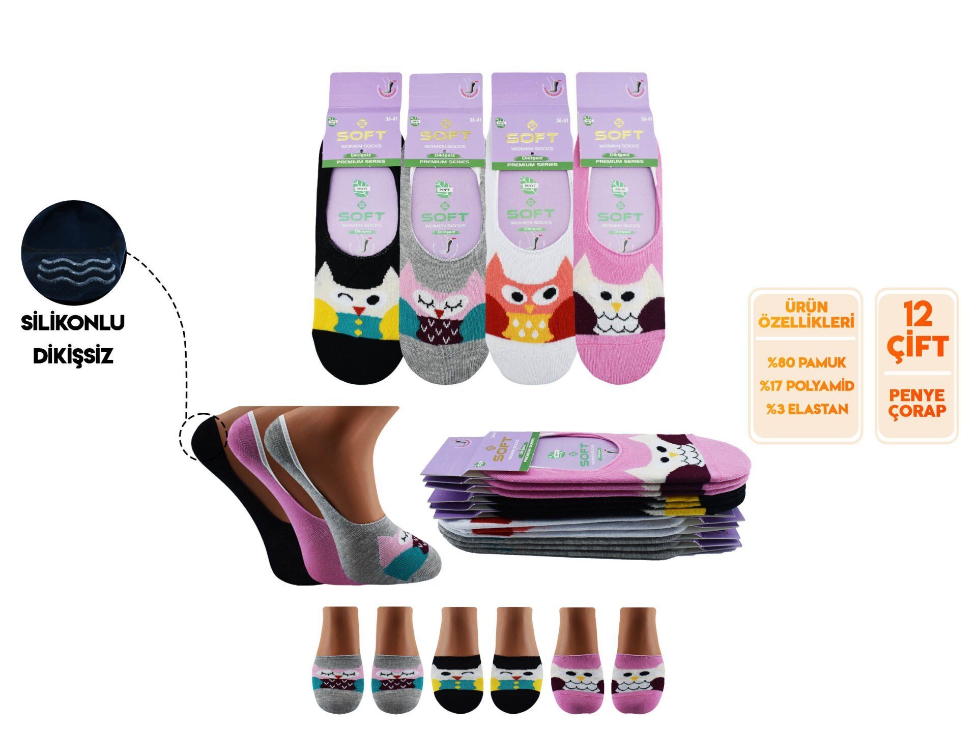 Softy 7 Yıkamalı Kokulu Dikişsiz Silikonlu Bayan Penye Babet 12'li