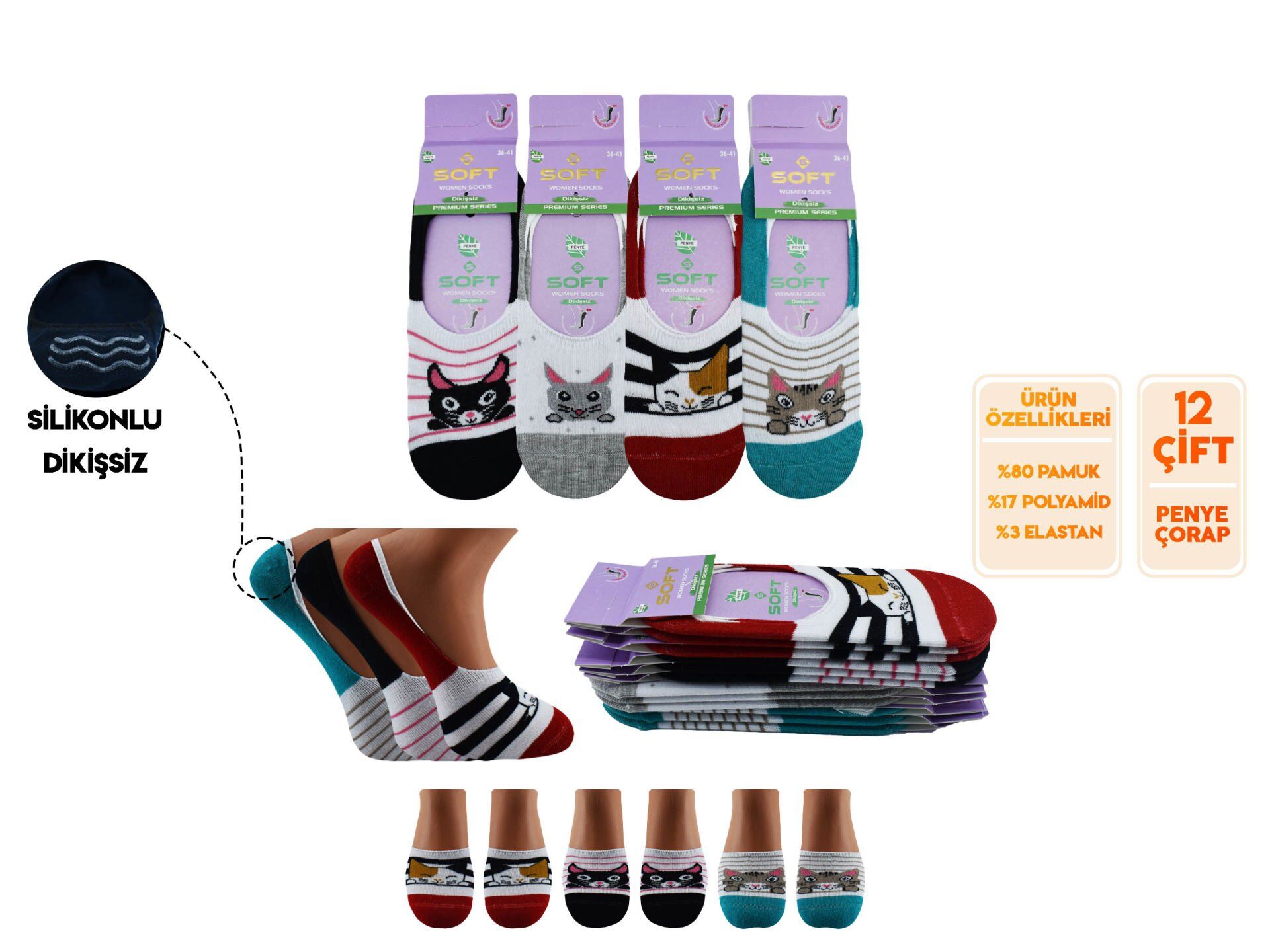 Softy 6 Yıkamalı Kokulu Dikişsiz Silikonlu Bayan Penye Babet 12'li