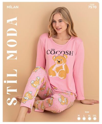 Stil Moda 7570 (M-L-XL-XXL) Milan Bayan Uzun Kol Pijama Takım 4'lü