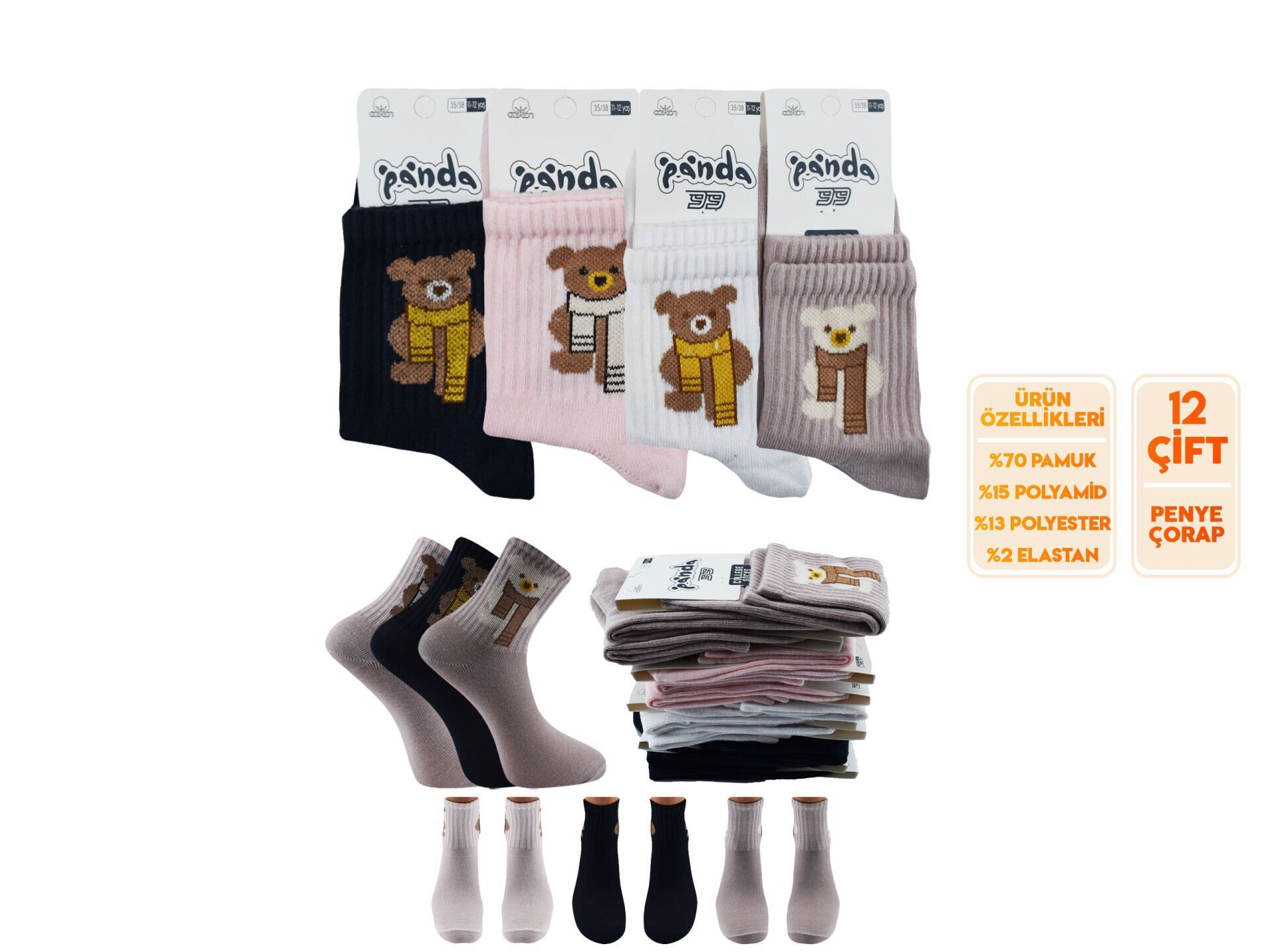 Panda 10 (3-12 Yaş) Yıkamalı Kız Erkek Çocuk Kolej Soket Çorap 12'li
