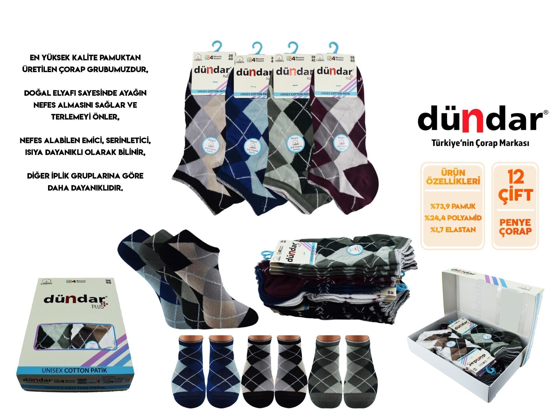 Dündar 4308-16 (36-40) Dikişsiz Yıkamalı Kokulu Bayan Penye Patik Çorap 12'li