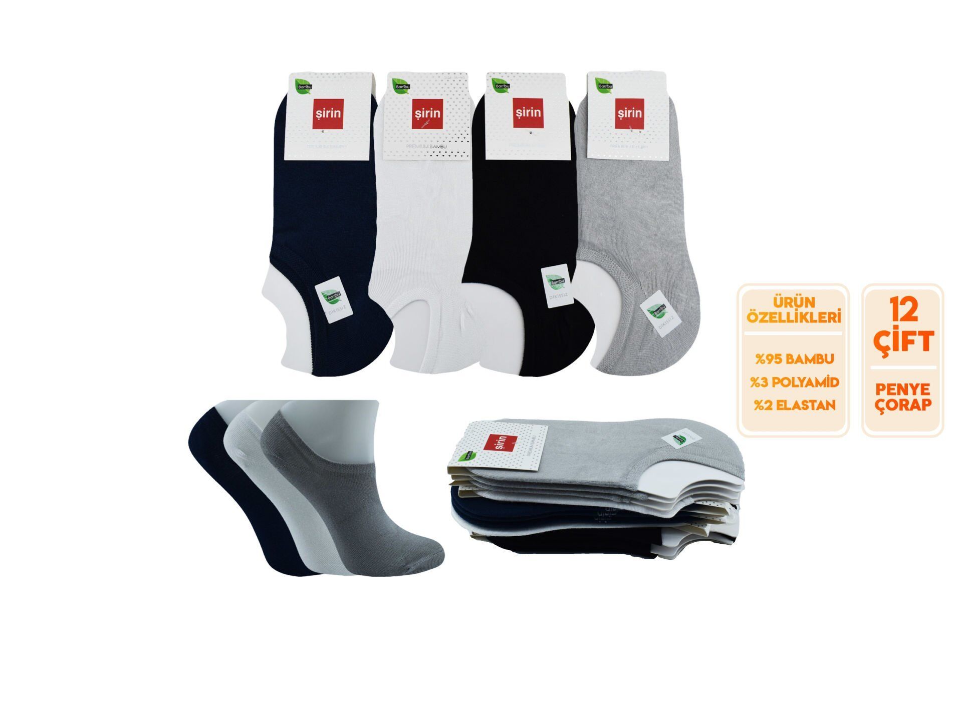 Şirin 4037 Bambu Dikişsiz Bayan Sneakers Çorap 12'li