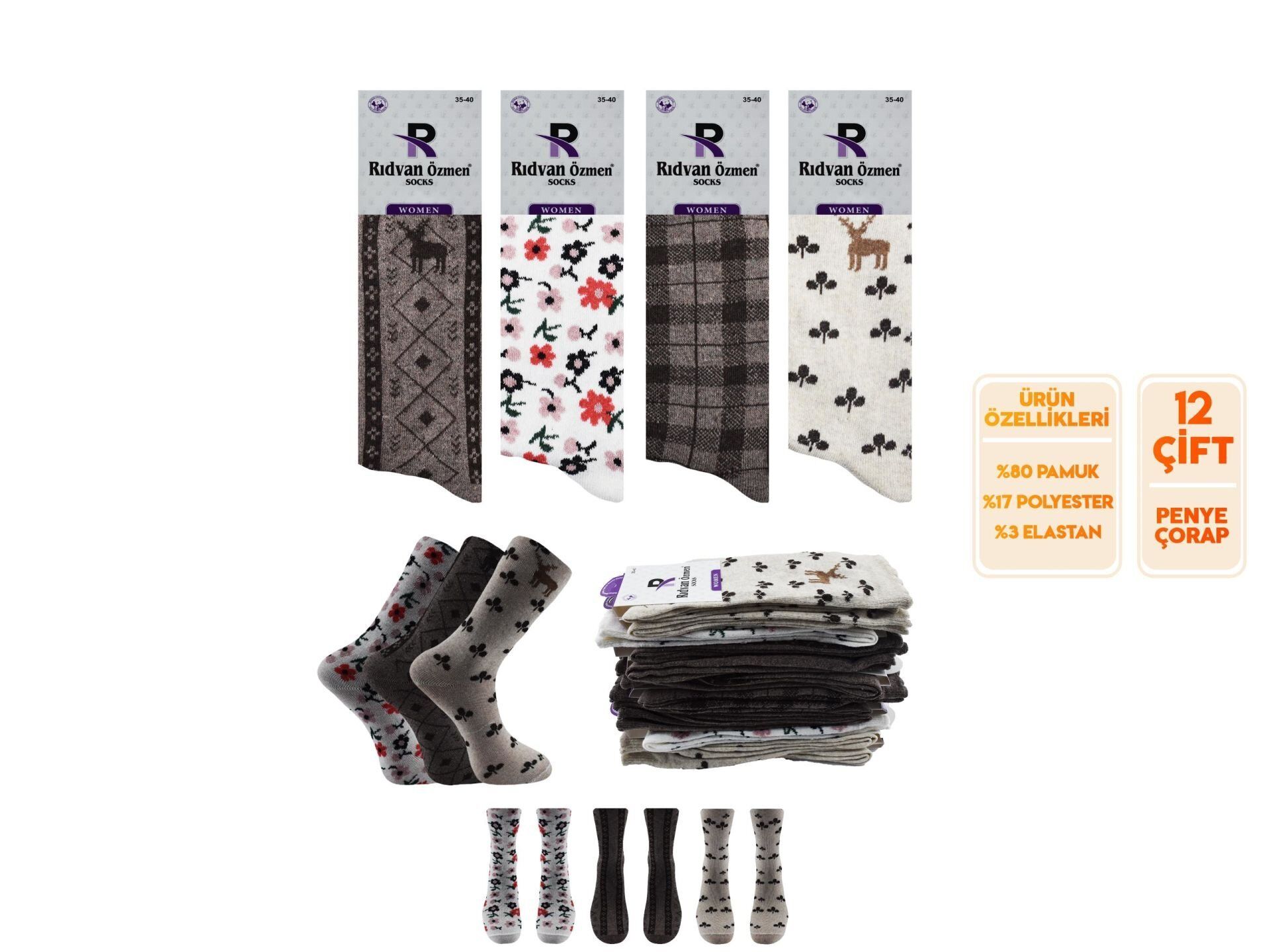 Rıdvan Özmen 8-13 Naturel Pamuk Bayan Soket Çorap 12'li