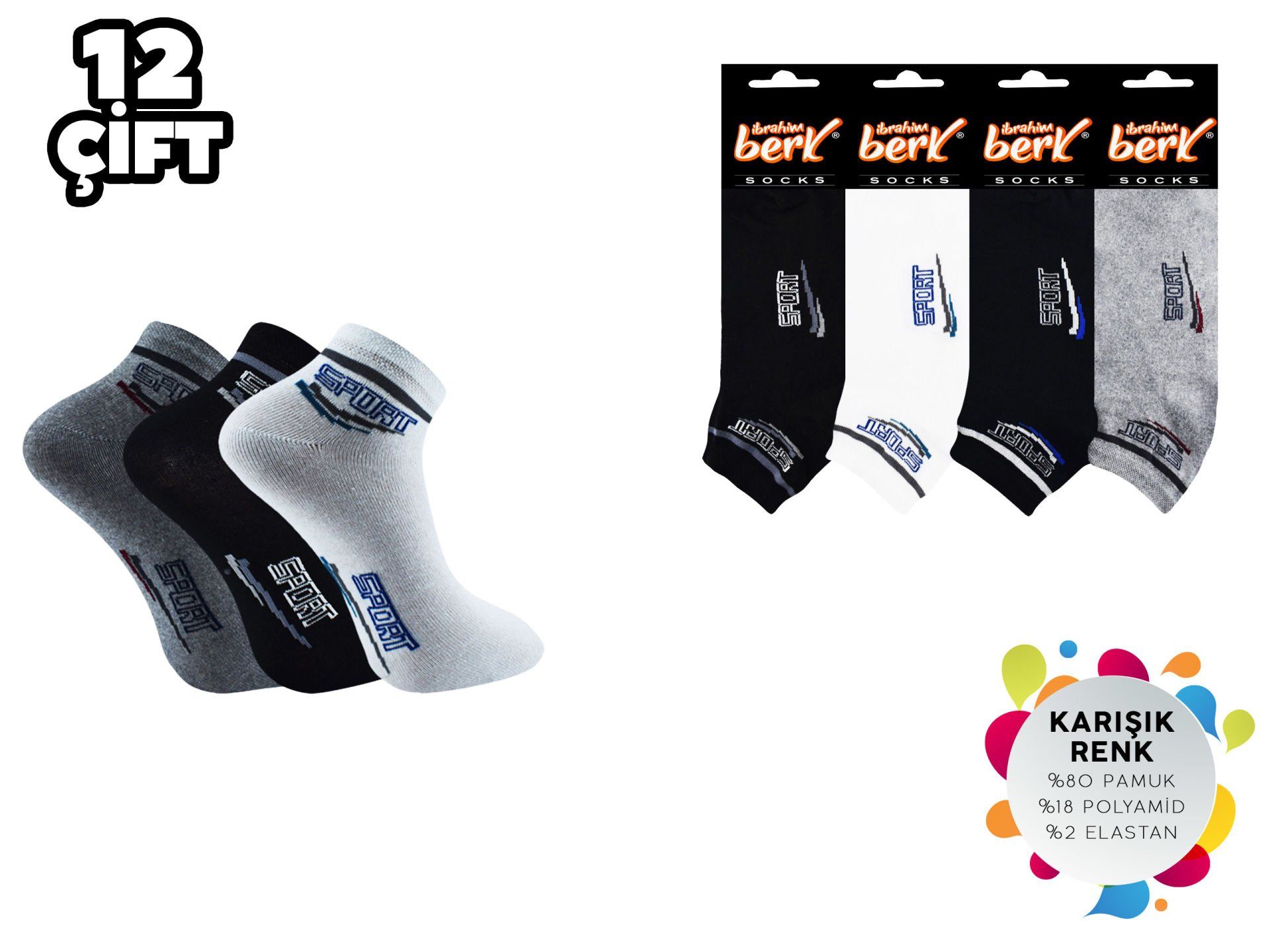 İbrahim Berk 11-22 Erkek Likralı Patik Çorap 12'li