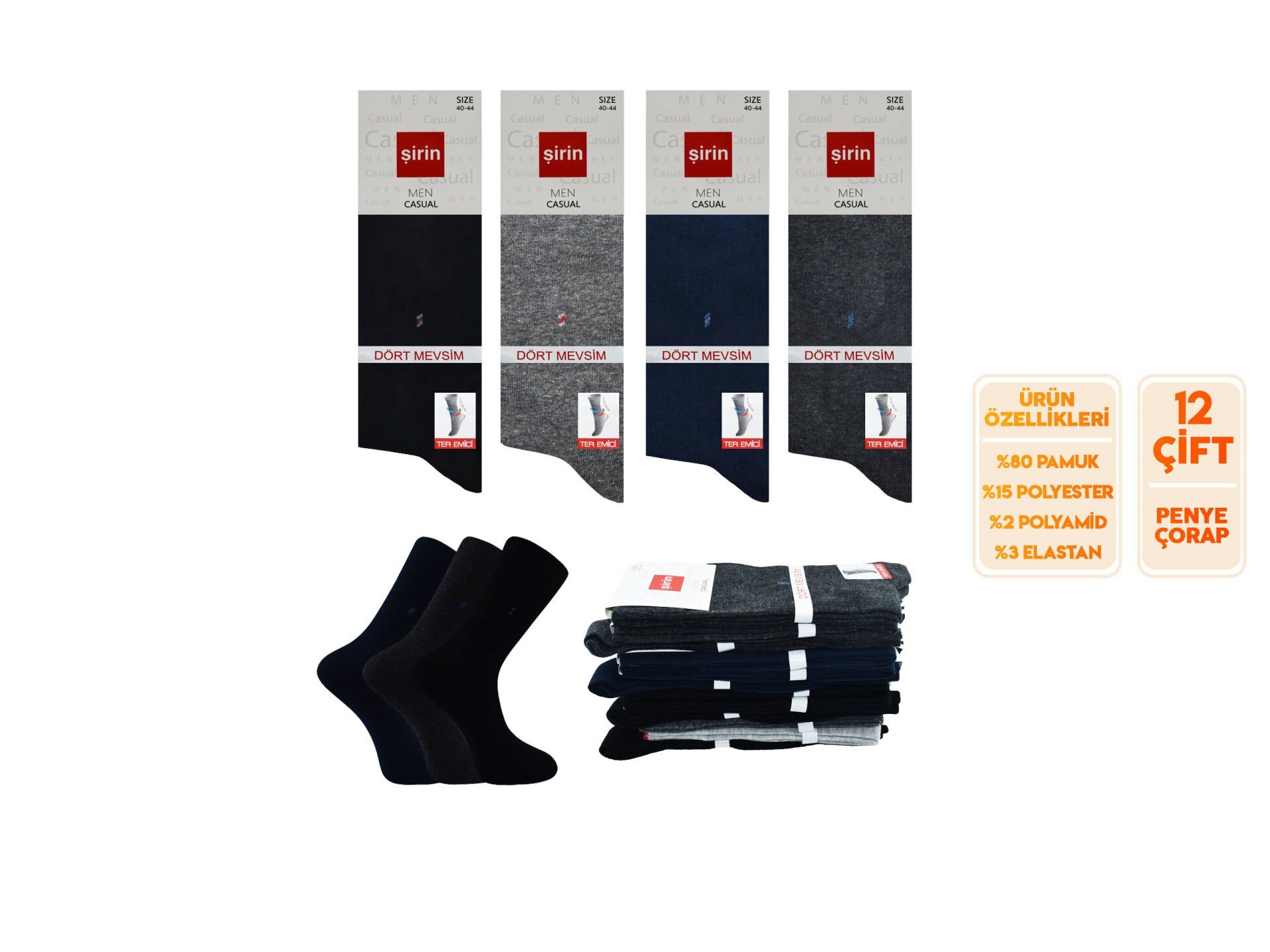 Şirin 7150-14 Dört Mevsim Ter Emici Erkek Penye Soket Çorap 12'li