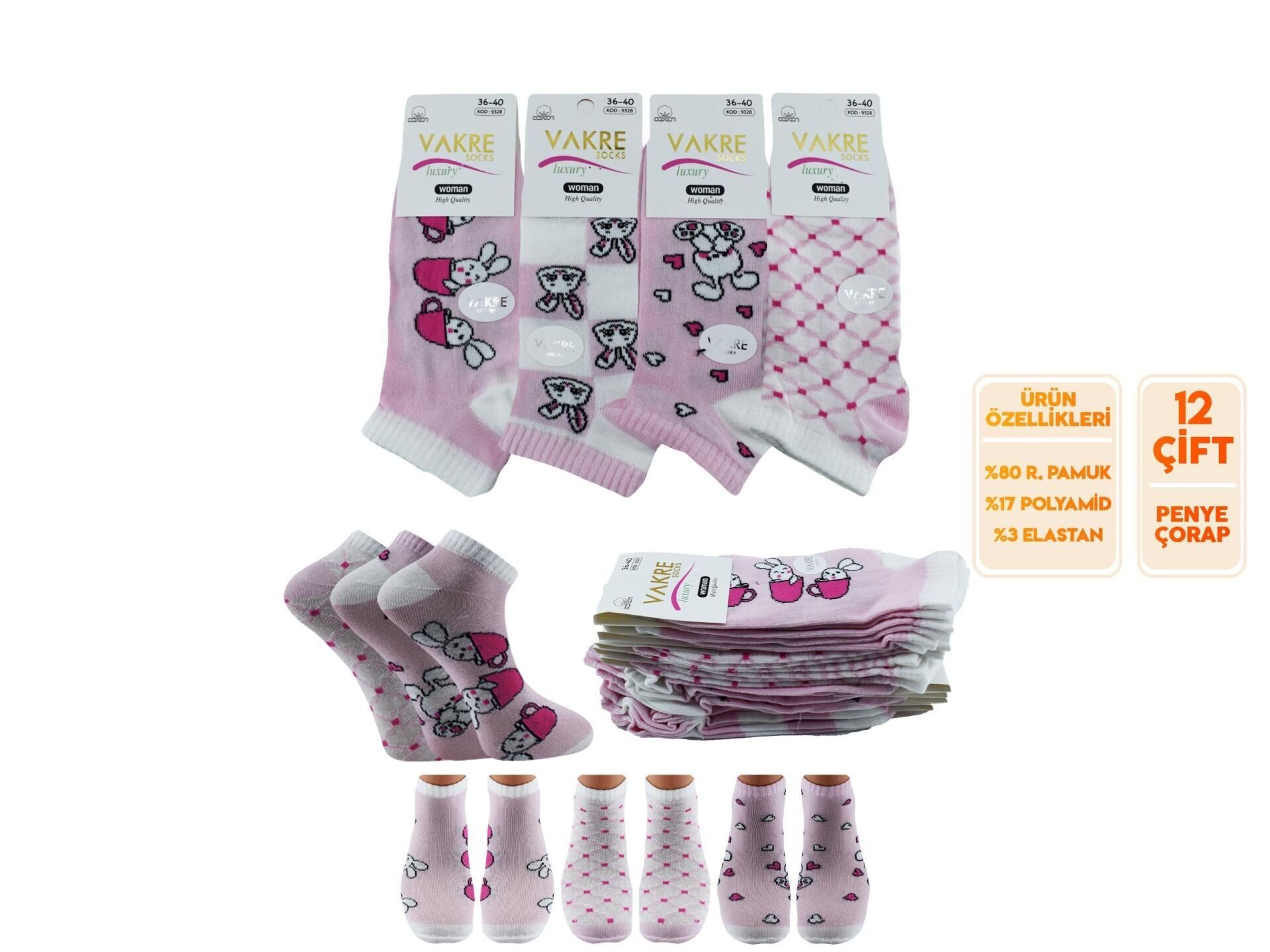 Vakre 9328-2 Bayan Penye Patik Çorap 12'li