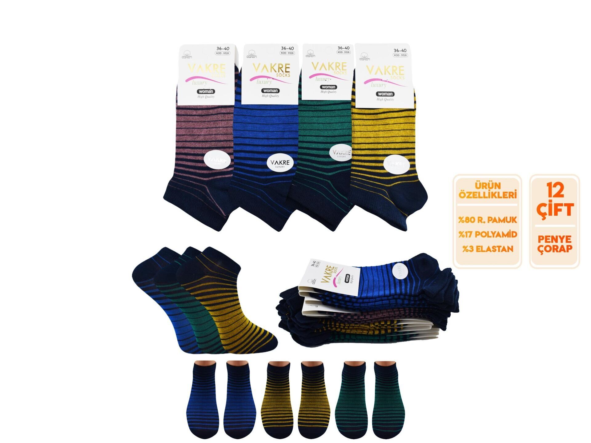 Vakre 9328-1 Bayan Penye Patik Çorap 12'li