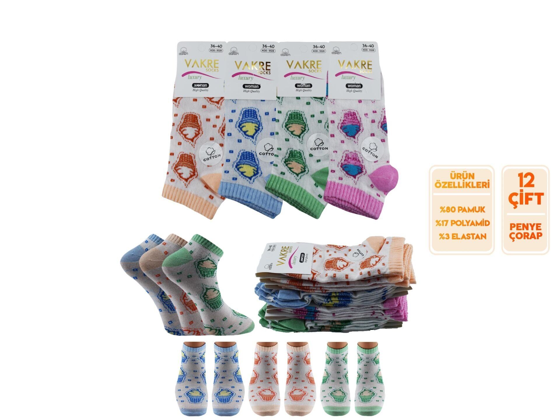 Vakre 9328-18 (36-40) Bayan Penye Patik Çorap 12'li