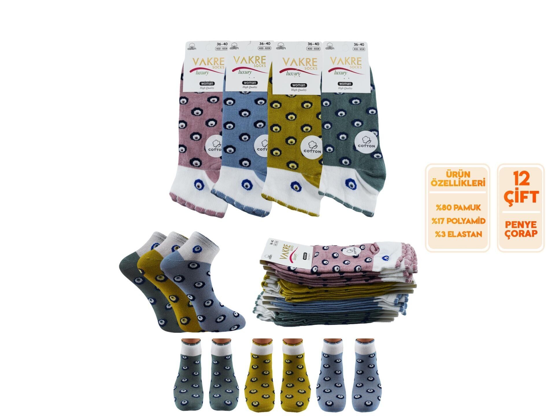 Vakre 9328-13 (36-40) Bayan Penye Patik Çorap 12'li