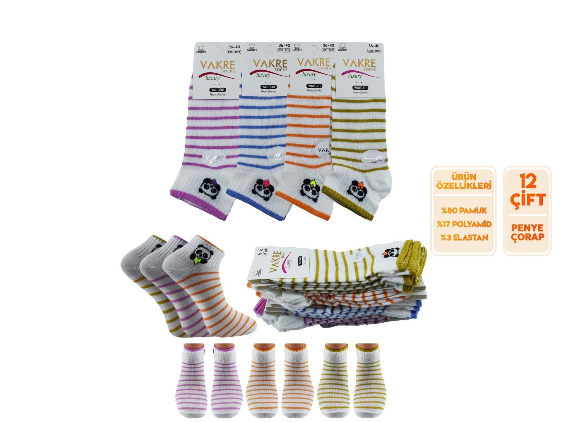 Vakre 9328-25 (36-40) Bayan Penye Patik Çorap 12'li