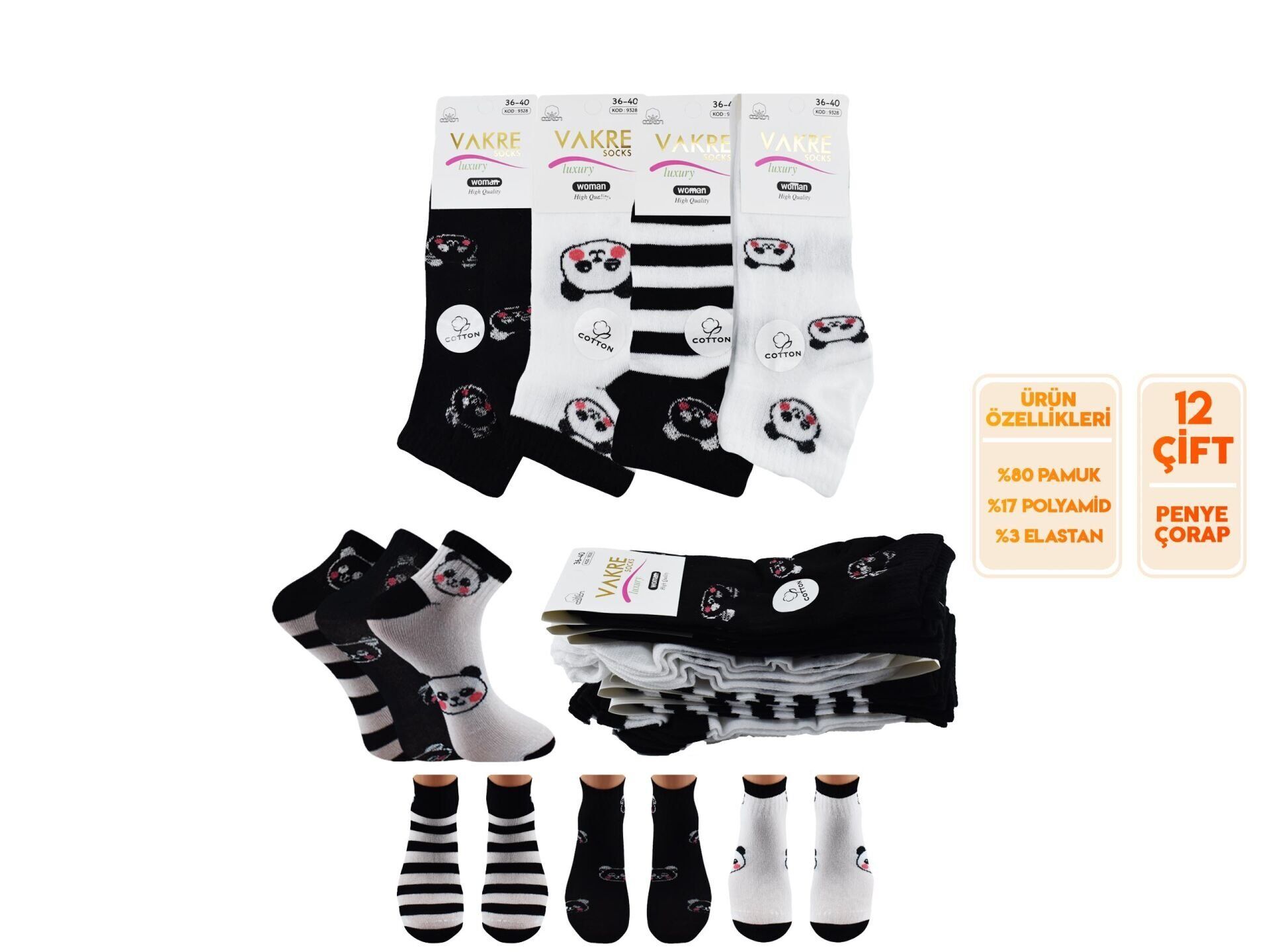 Vakre 9328-19 (36-40) Bayan Penye Patik Çorap 12'li