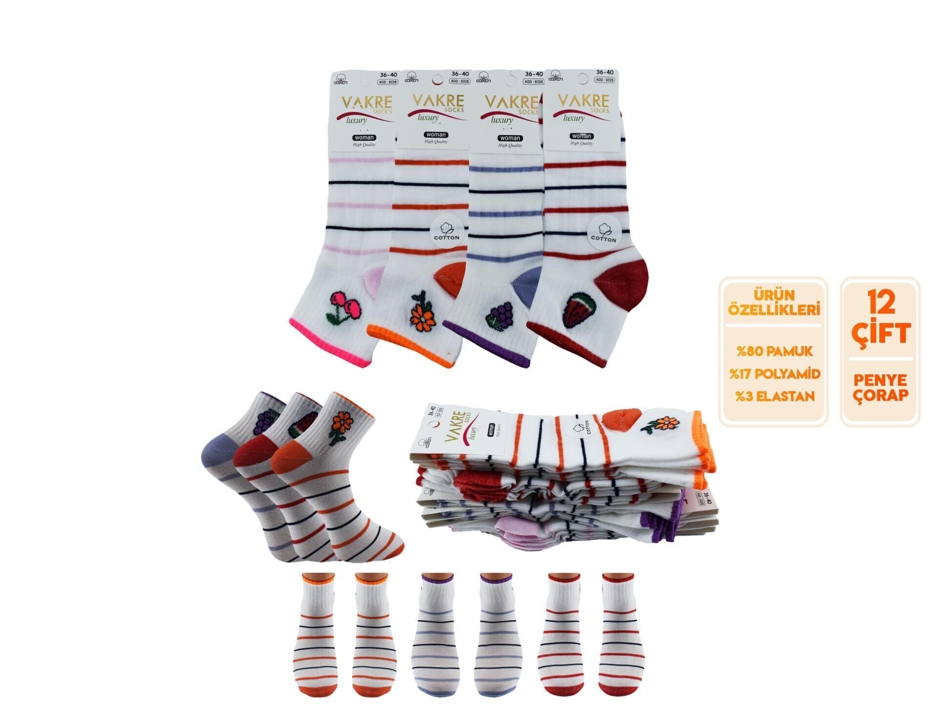 Vakre 9328-16 (36-40) Bayan Penye Patik Çorap 12'li