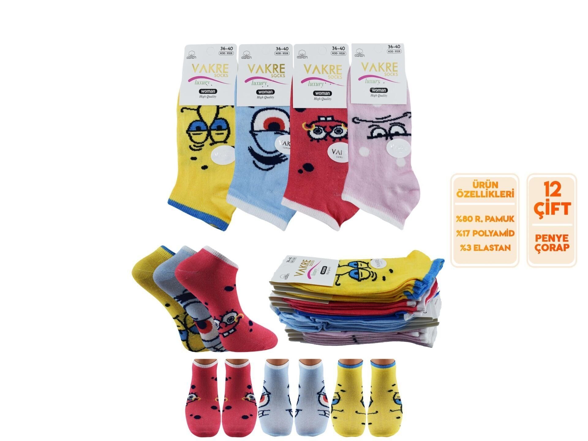 Vakre 9328-3 Bayan Penye Patik Çorap 12'li
