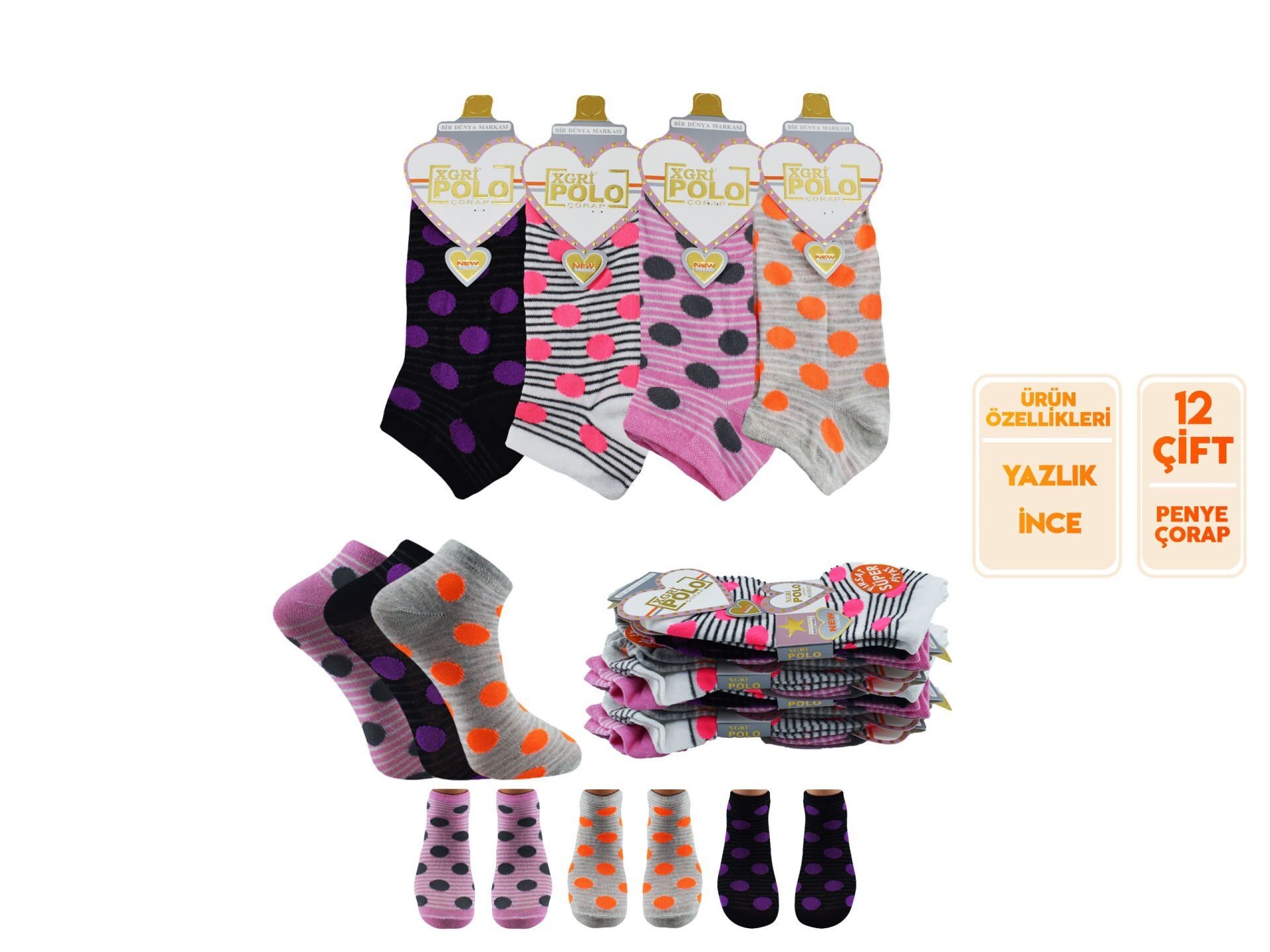 XGRİ POLO (B-E-7-4) 3'lü Bayan Penye Patik 12'li