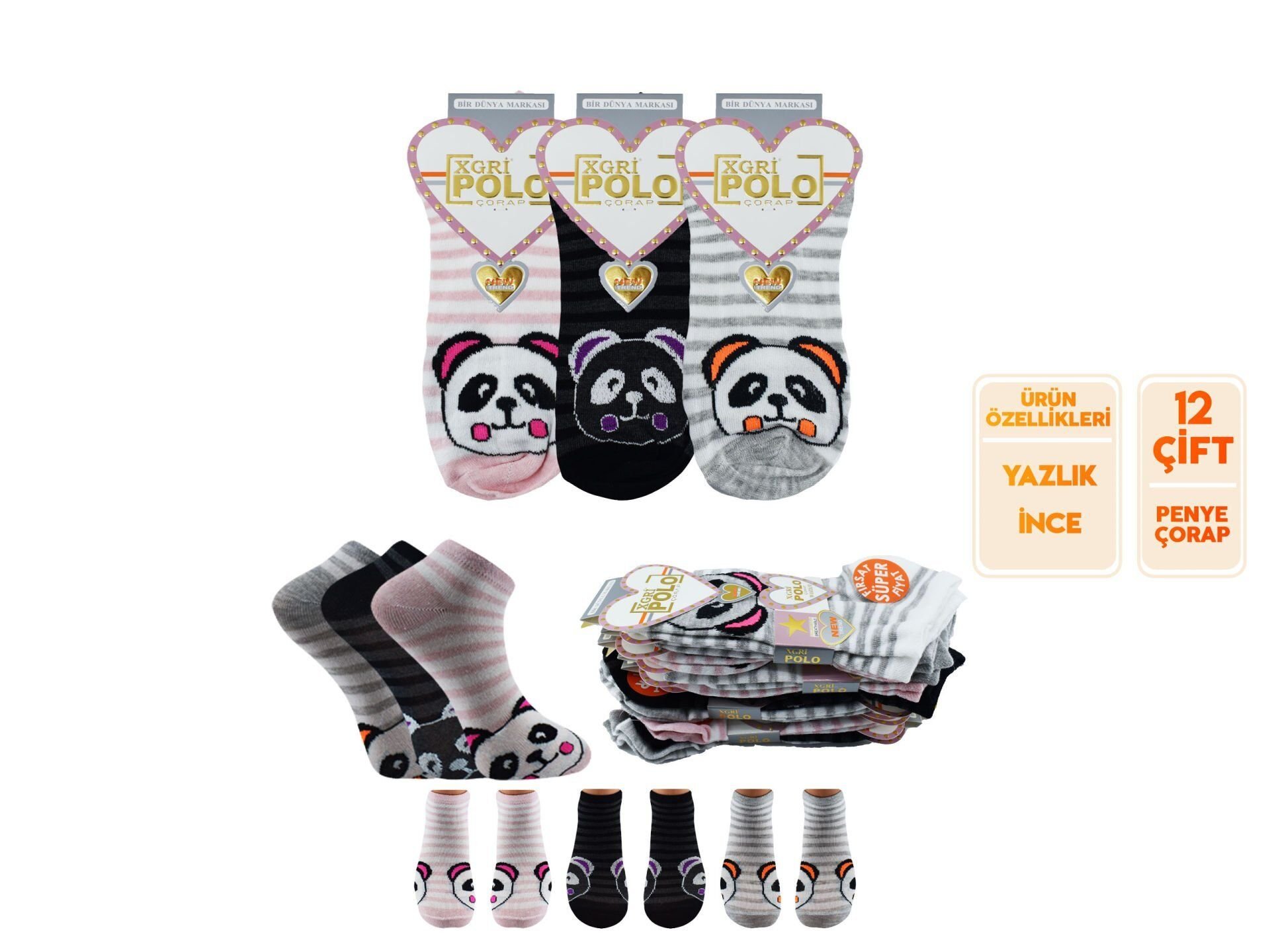 XGRİ POLO (B-E-7-6) 3'lü Bayan Penye Patik 12'li