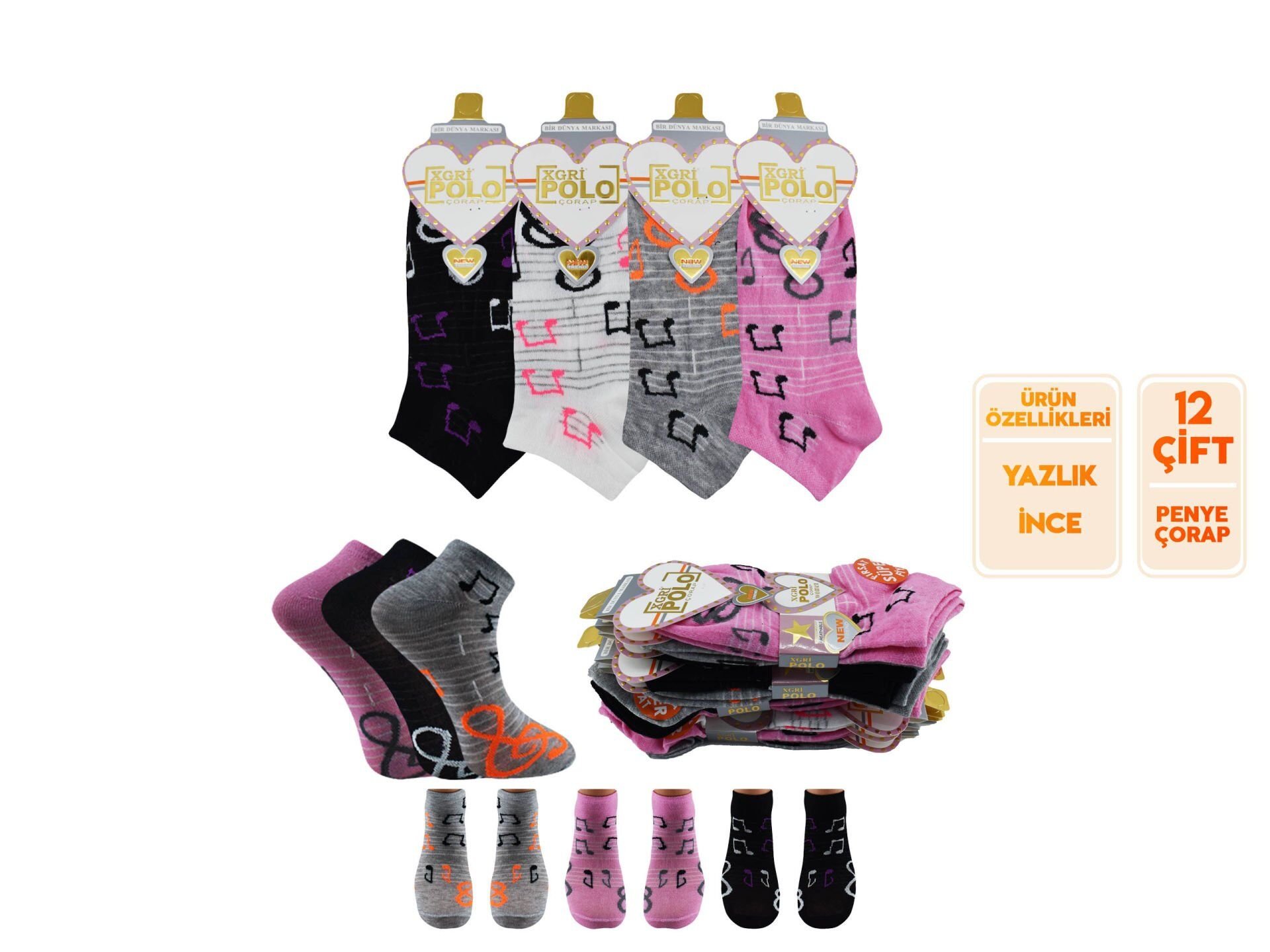 XGRİ POLO (B-E-7-7) 3'lü Bayan Penye Patik 12'li
