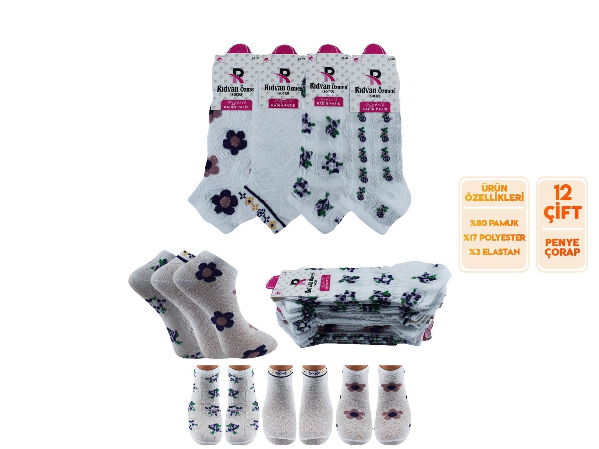 Pelin 12-20 Naturel Penye Parfümlü 3 Boyutlu Bayan Patik 12'li