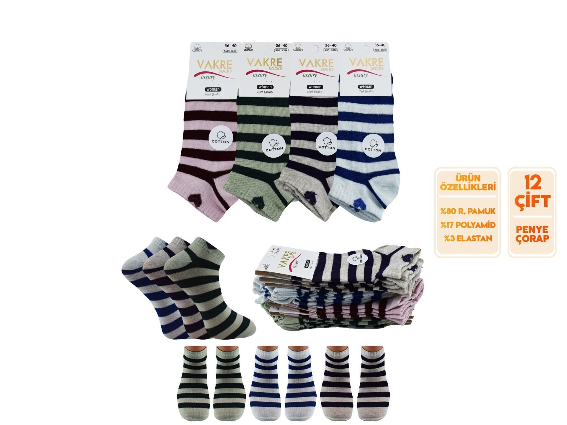 Vakre 9328-11 Bayan Penye Patik Çorap 12'li
