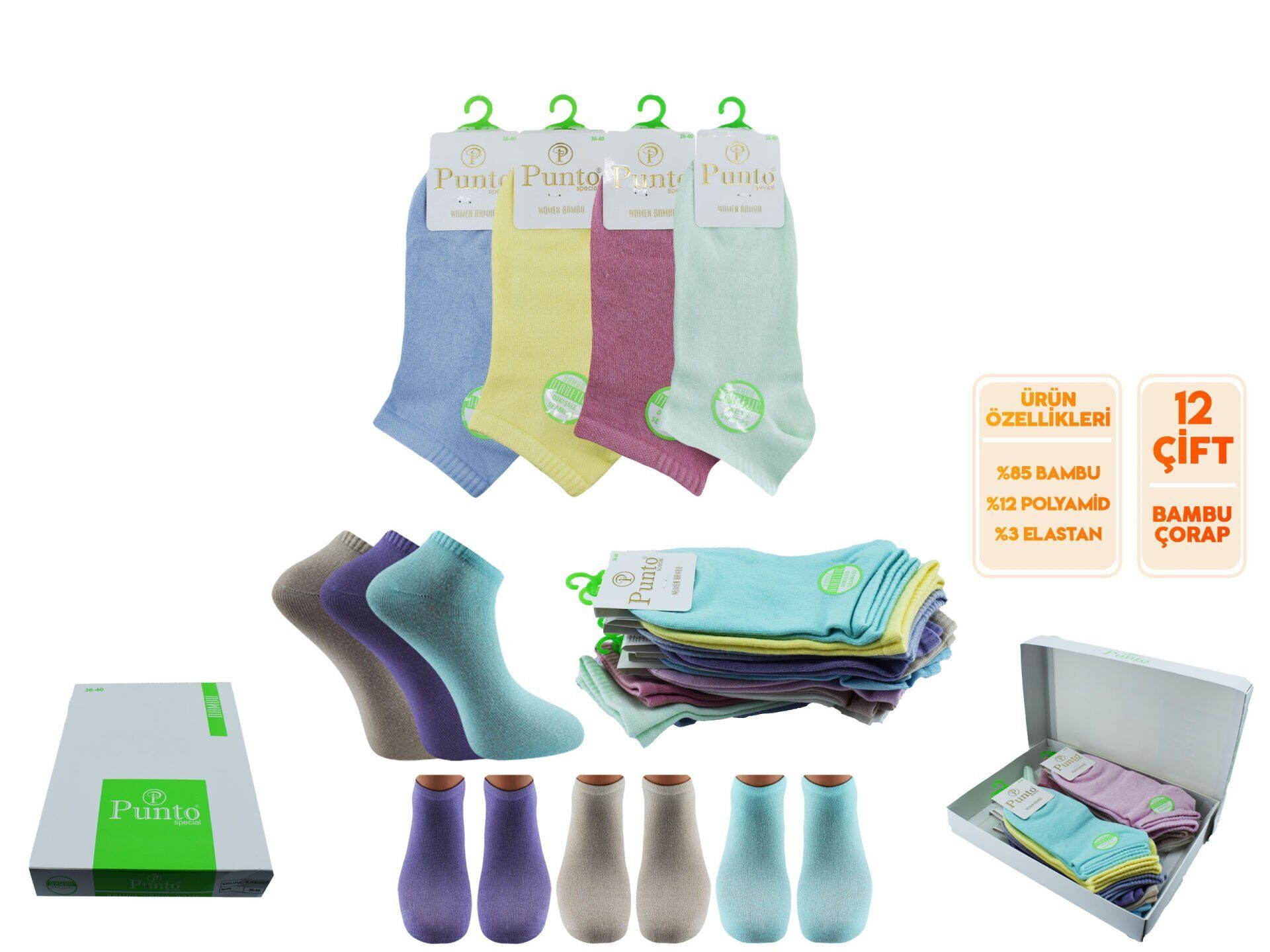 Punto 8484 Yıkamalı Dikişsiz Ter Emici Bayan Bambu Patik Çorap 12'li