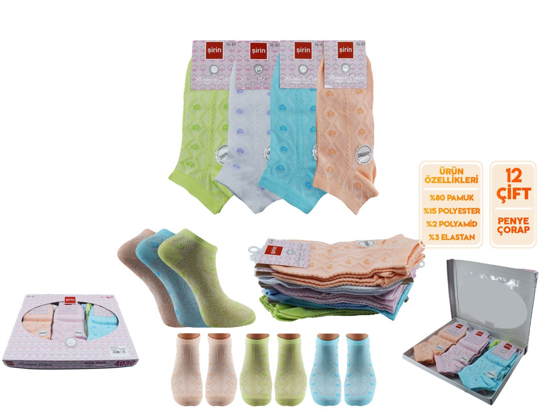 Şirin 4030-40 (36-40) Dikişsiz Bayan Penye Patik Çorap 12'li