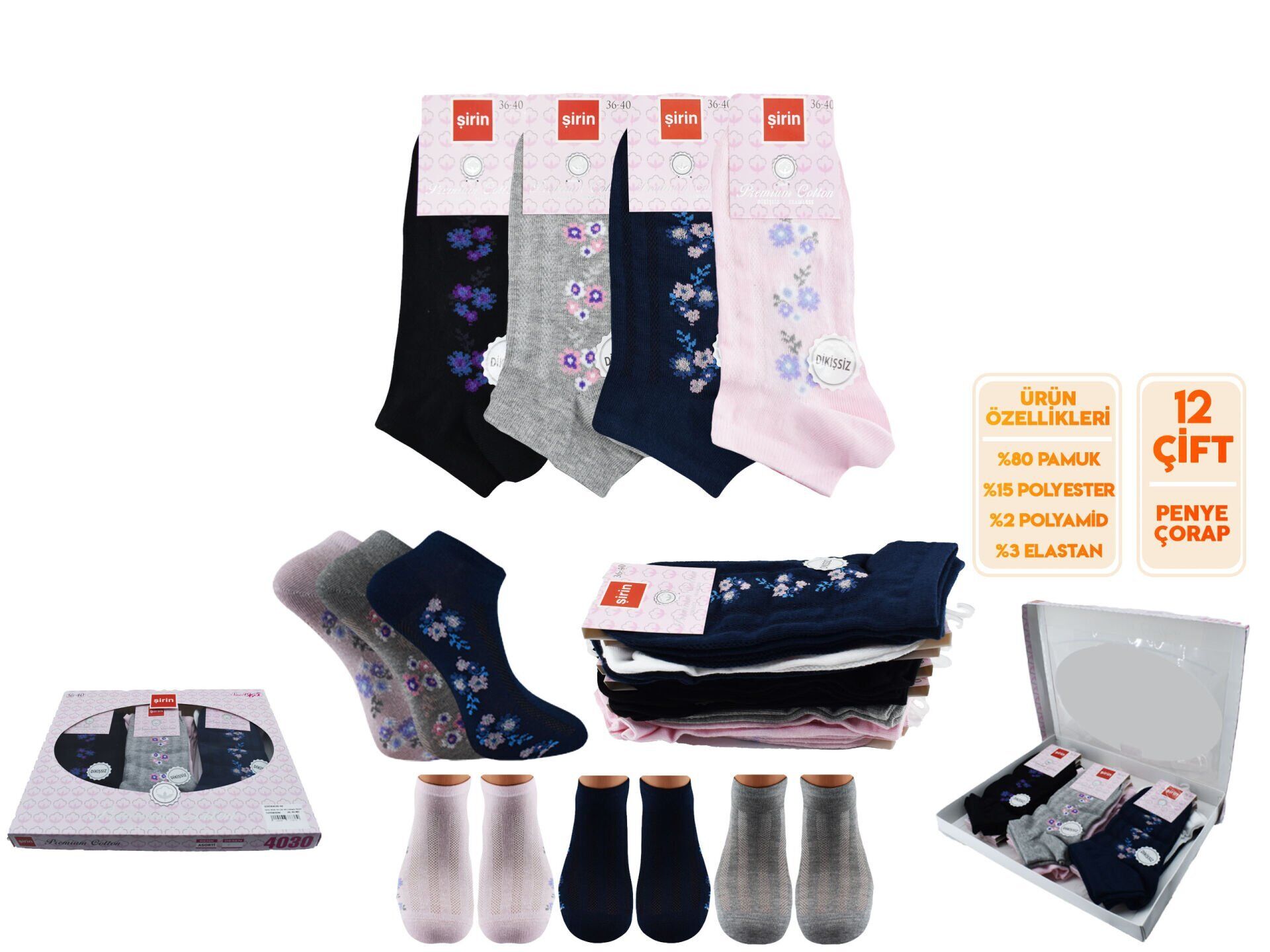 Şirin 4030-44 (36-40) Dikişsiz Bayan Penye Patik Çorap 12'li