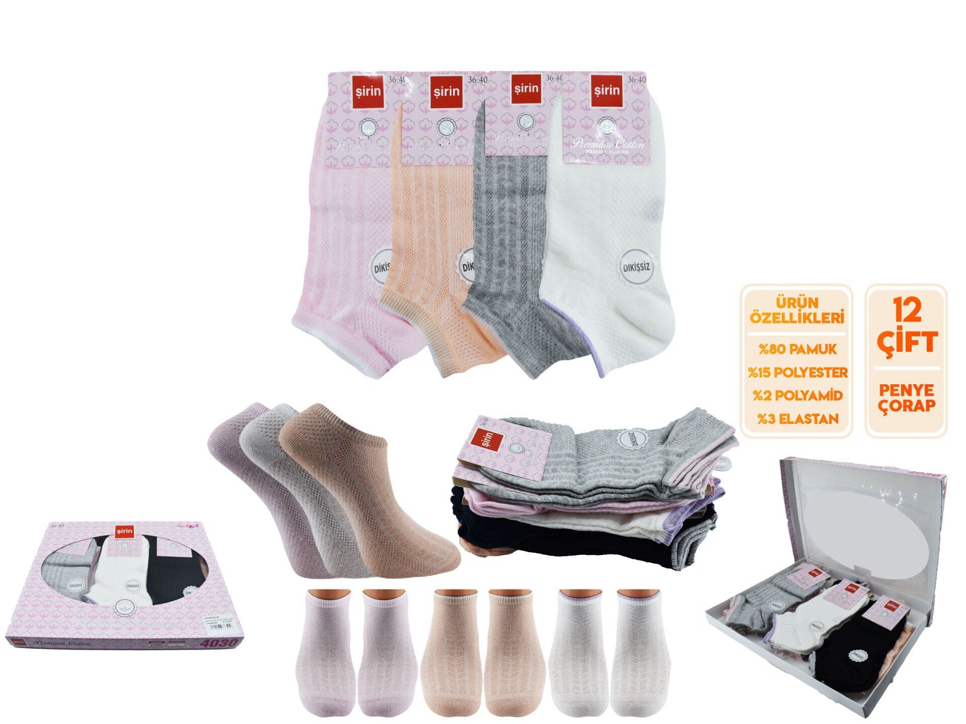 Şirin 4030-48 (36-40) Dikişsiz Bayan Penye Patik Çorap 12'li