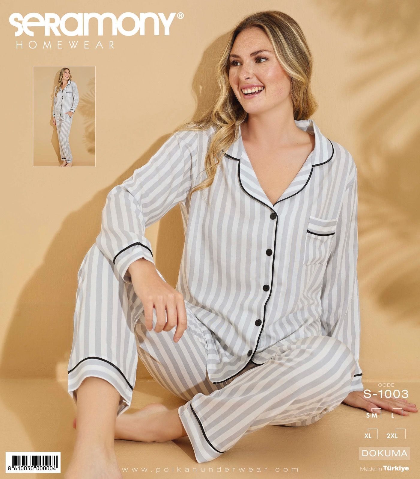 Seramony 1003 Dokuma Düğmeli Uzun Kollu Bayan Pijama Takım 4'lü