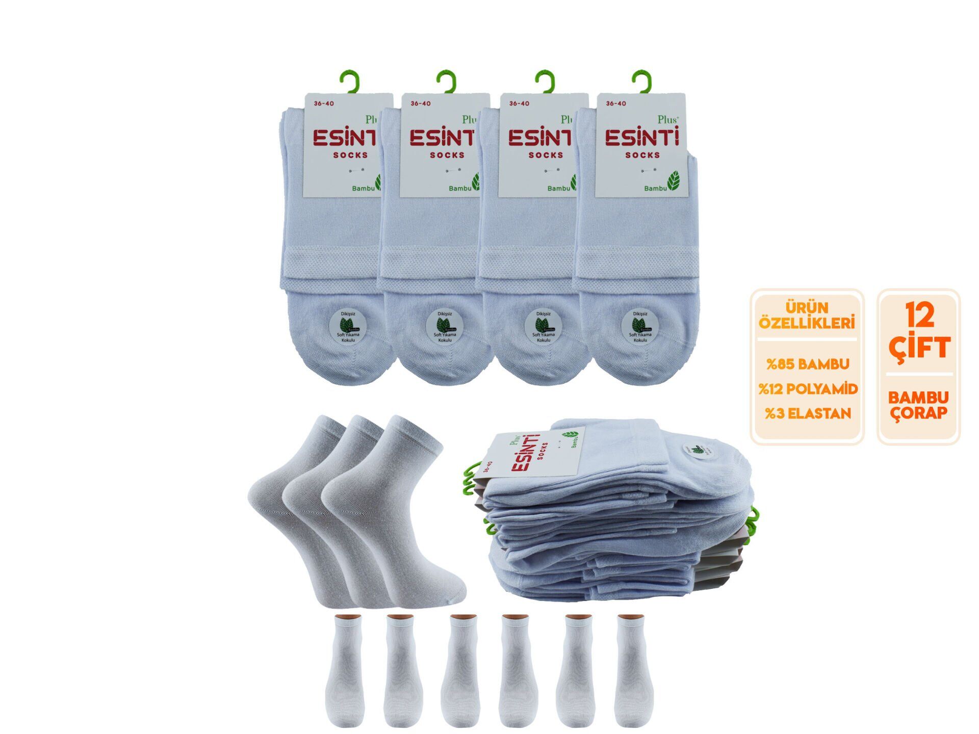 Esinti 32-Beyaz Dikişsiz Yarım Konç Bayan Bambu Patik 12'li