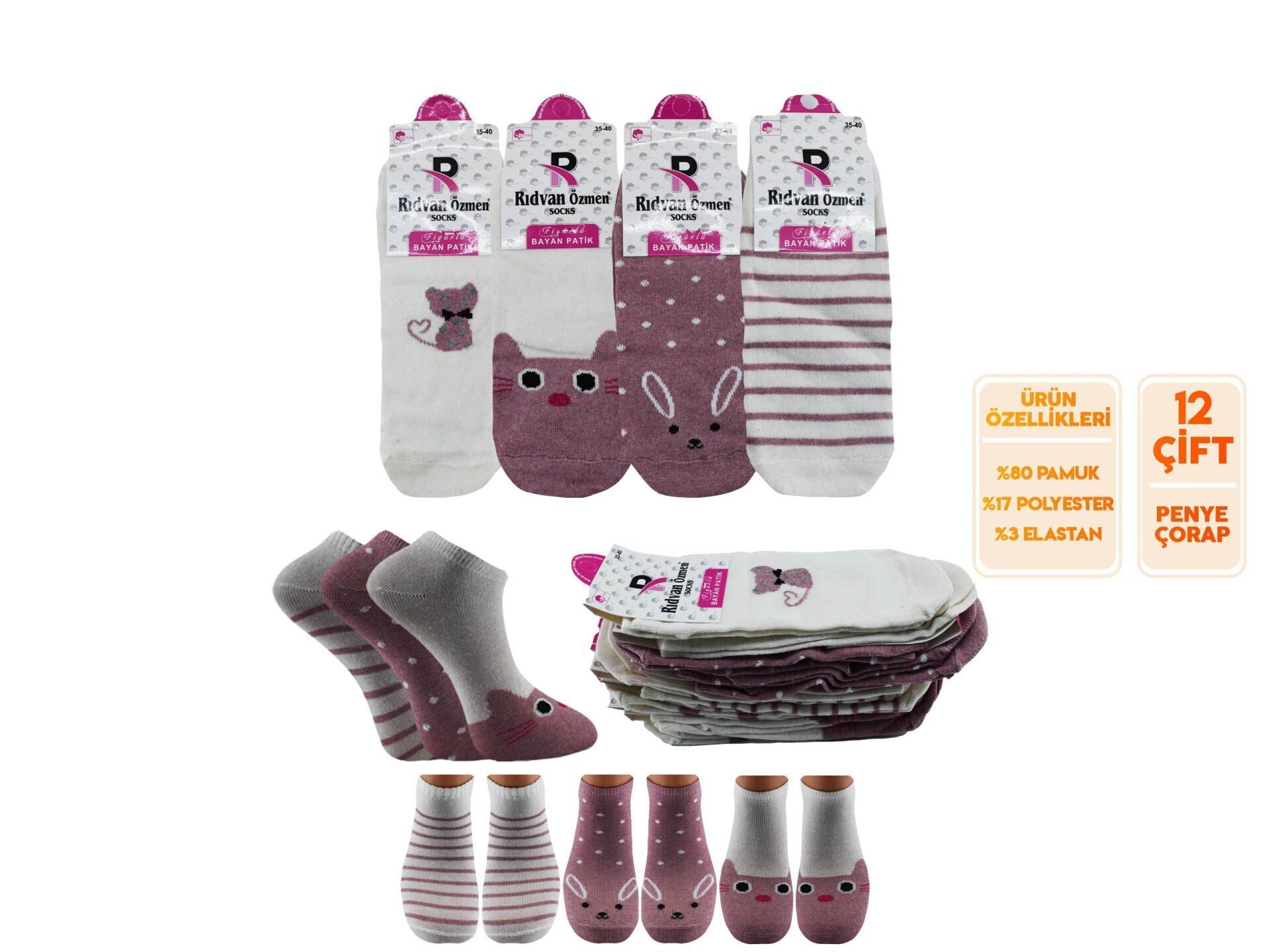 Pelin 12-12 Naturel Penye Parfümlü 3 Boyutlu Bayan Patik 12'li