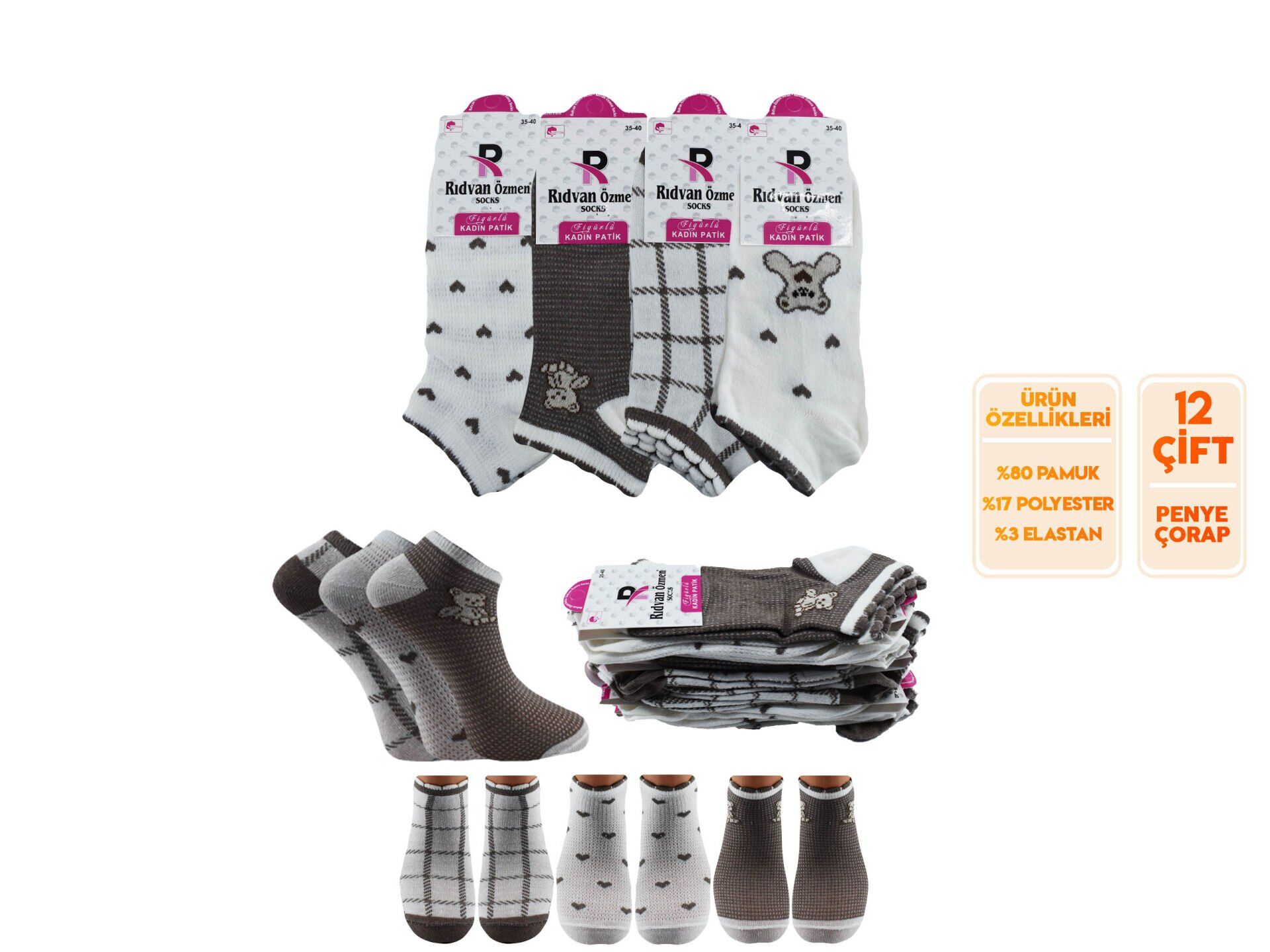 Pelin 12-9 Naturel Penye Parfümlü 3 Boyutlu Bayan Patik 12'li