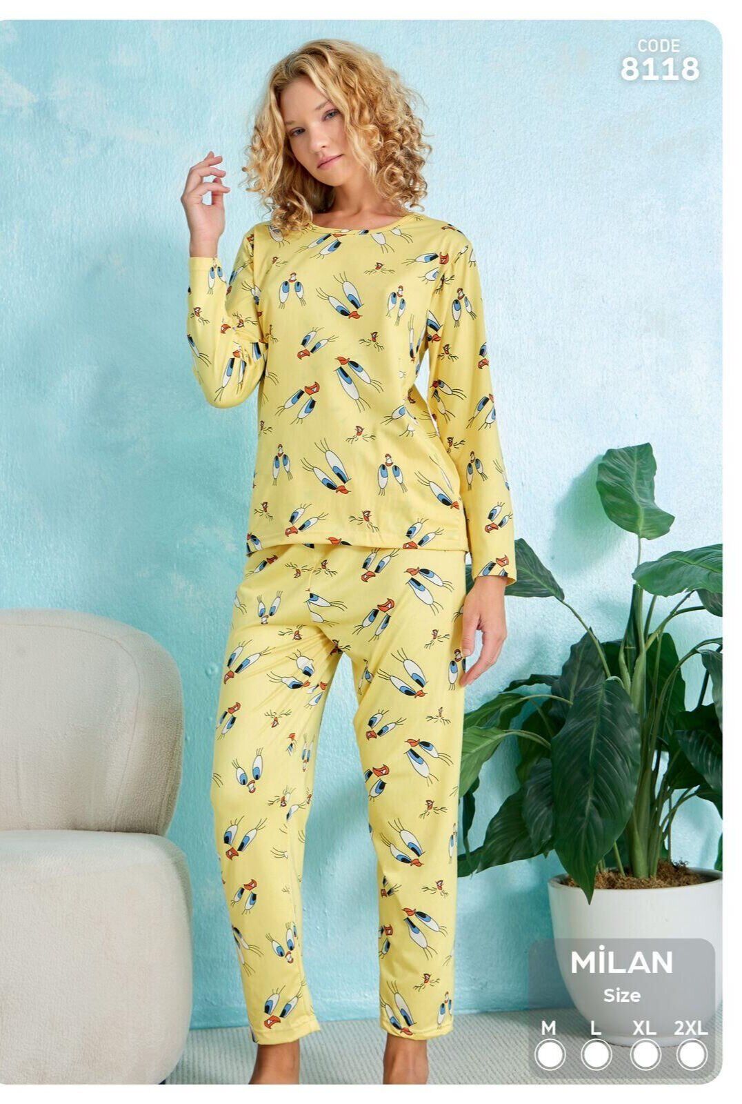 Stil Moda 8118 (M-L-XL-XXL) Milan Bayan Uzun Kol Pijama Takım 4'lü