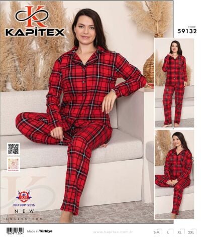 Kapitex 59132 (M-L-XL-XXL) Pamuklu Bayan Uzun Kollu Pijama Takım 4'lü