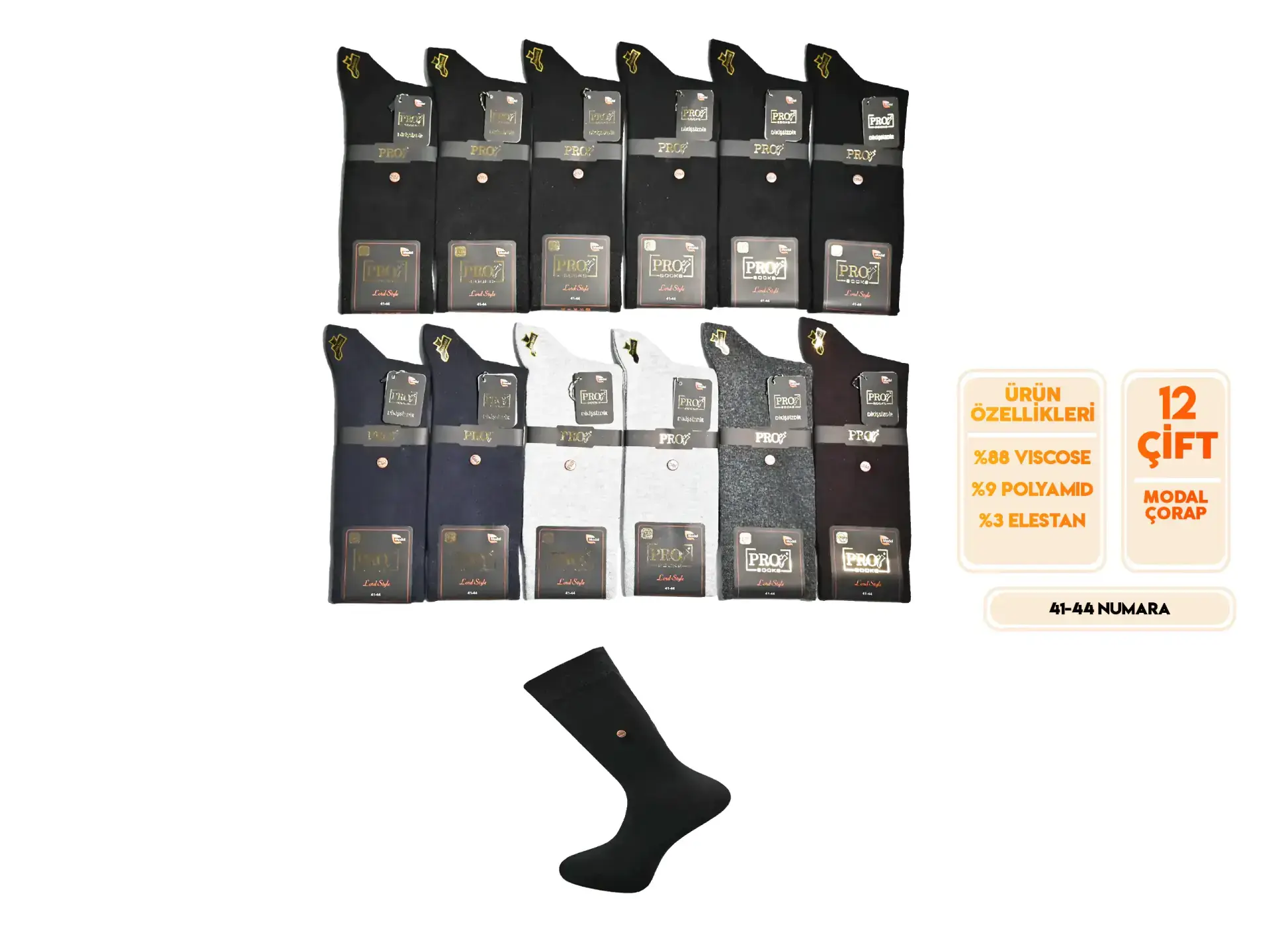 Pro 18646 (41-44) Dikişsiz Modal Erkek Çorap 12'li