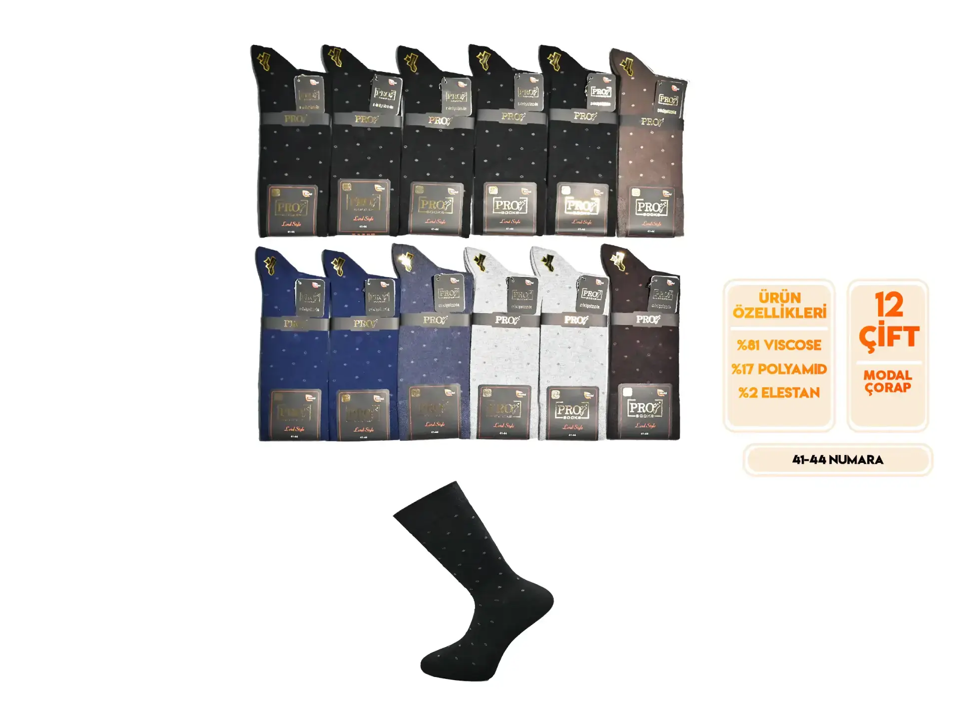 Pro 18654 (41-44) Dikişsiz Modal Erkek Çorap 12'li