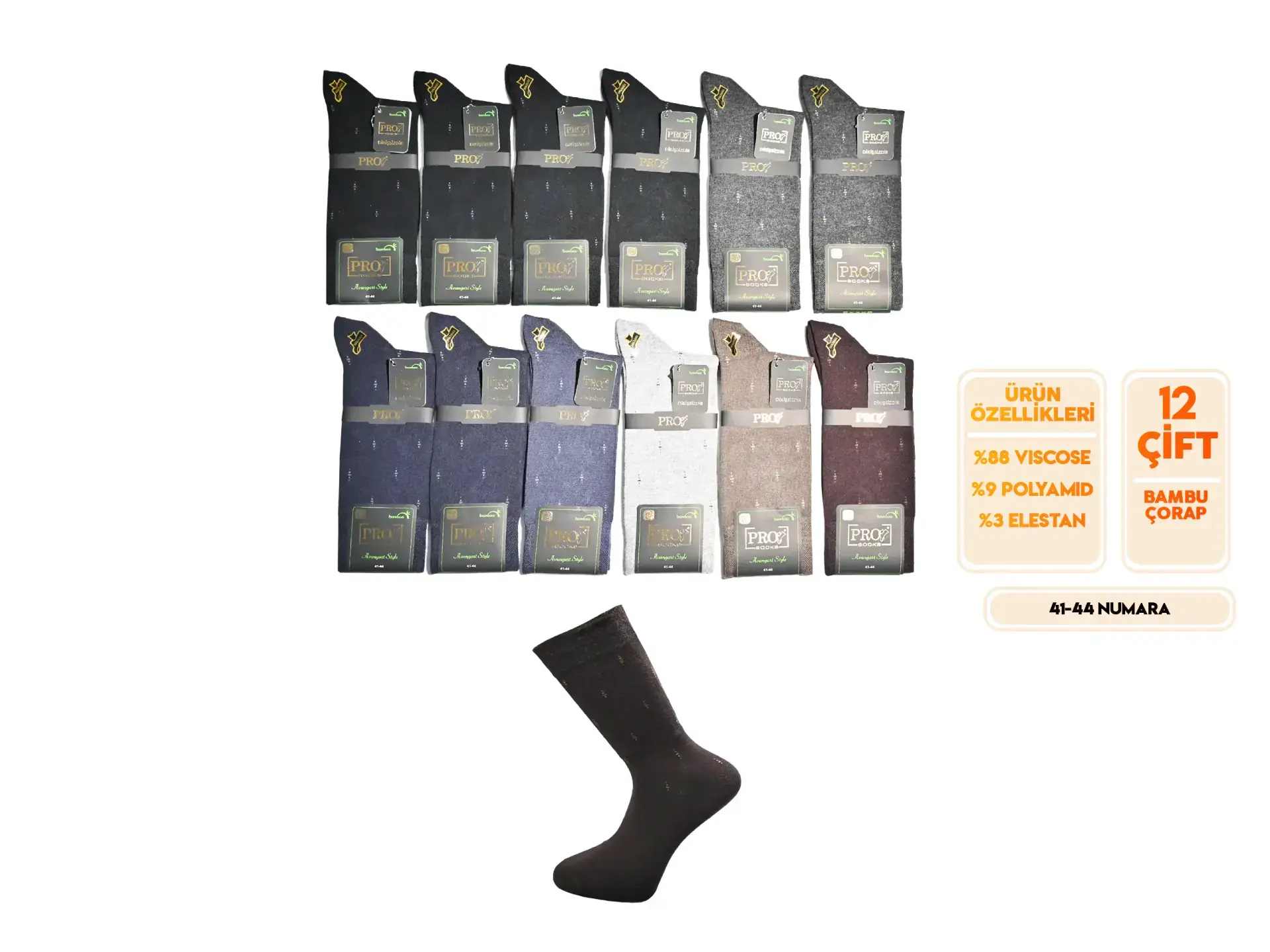 Pro 17679 (41-44) Dikişsiz Bambu Erkek Çorap 12'li