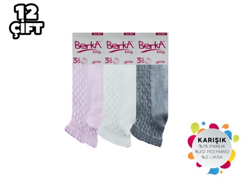 Berka 3'lü Desenli Pamuklu Kız Çocuk Patik 12'li