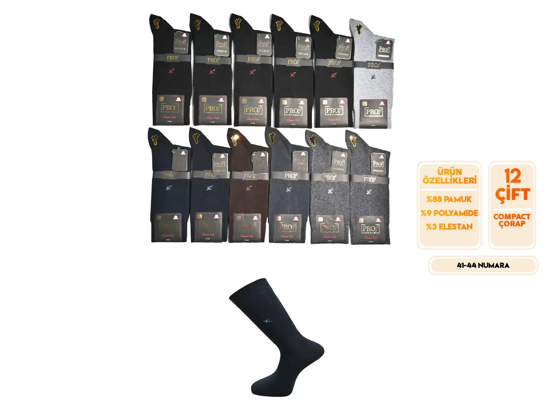 Pro 16640 (41-44) Dikişsiz Compact Erkek Çorap 12'li