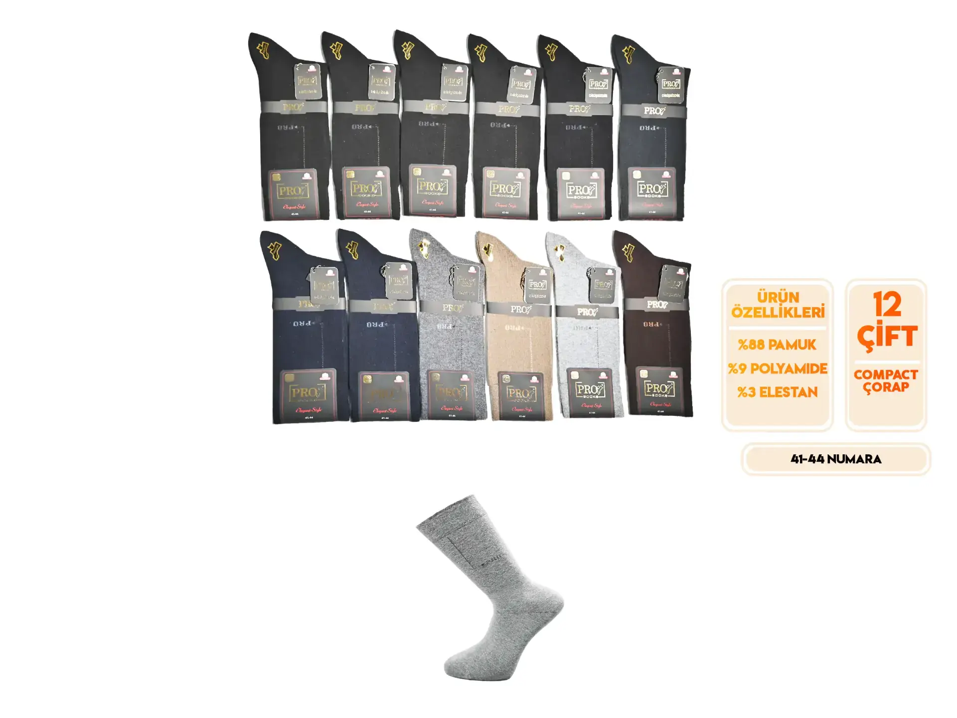 Pro 16656 (41-44) Dikişsiz Compact Erkek Çorap 12'li