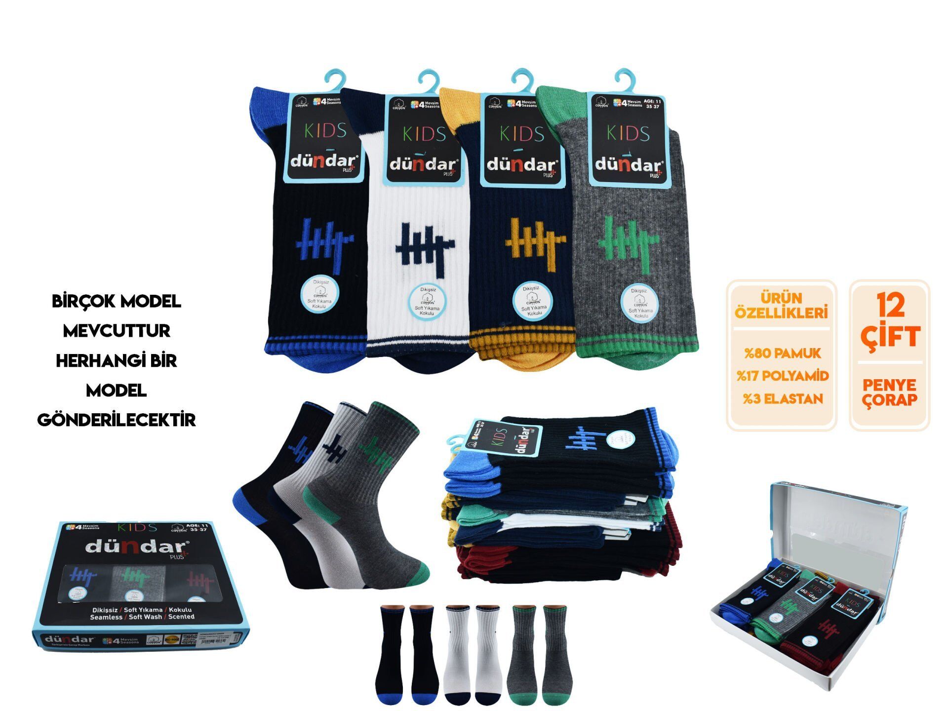 Dündar Erkek Çocuk Dikişsiz Yıkamalı Kokulu Çorap 12'li