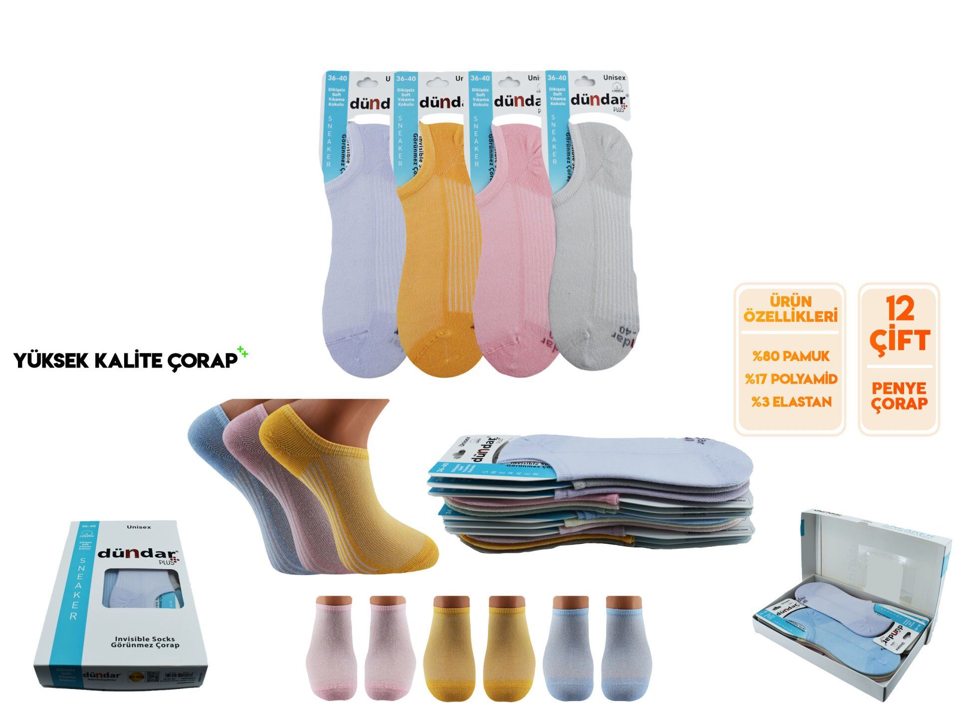 Dündar Dikişsiz Yıkamalı Kokulu Bayan Penye Sneaker 12'li