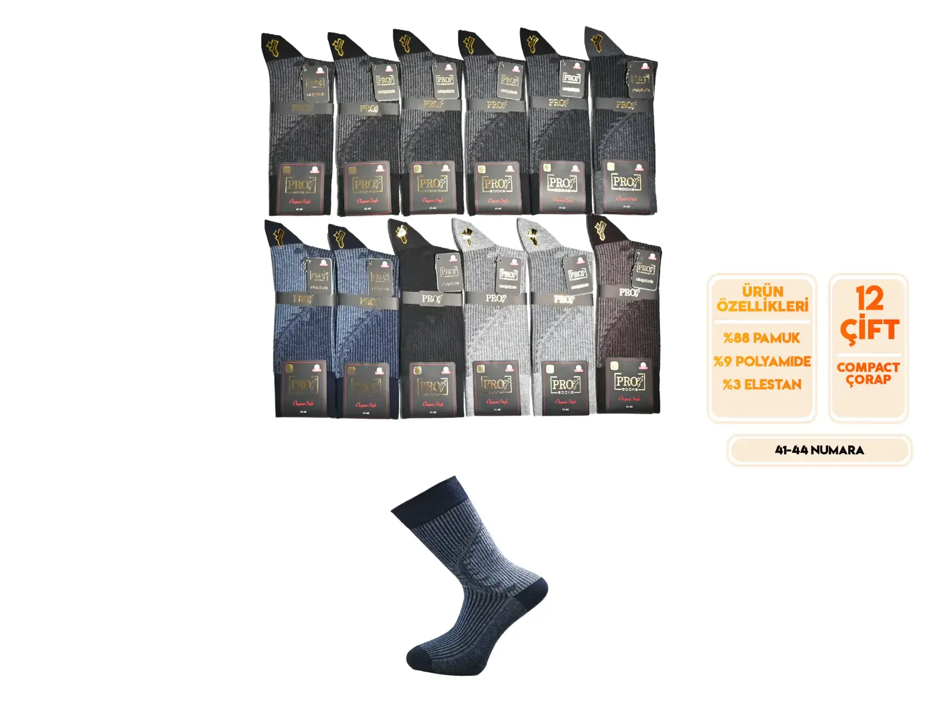 Pro 16664 (41-44) Dikişsiz Compact Erkek Çorap 12'li