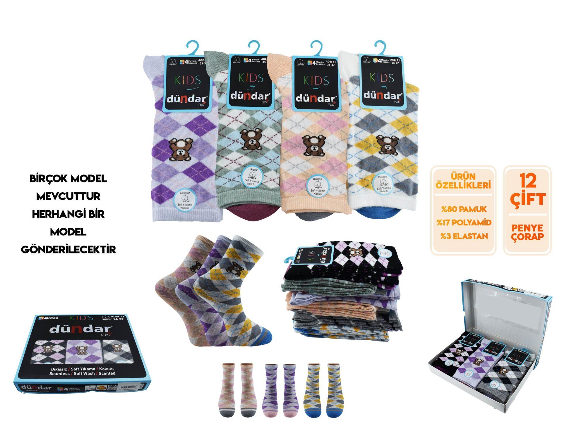 Dündar Kız Çocuk Dikişsiz Yıkamalı Kokulu Çorap 12'li