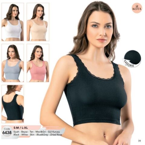 Kota 6438 Bayan Kaşkorse Tırnak Dantelli Geniş Askılı Crop