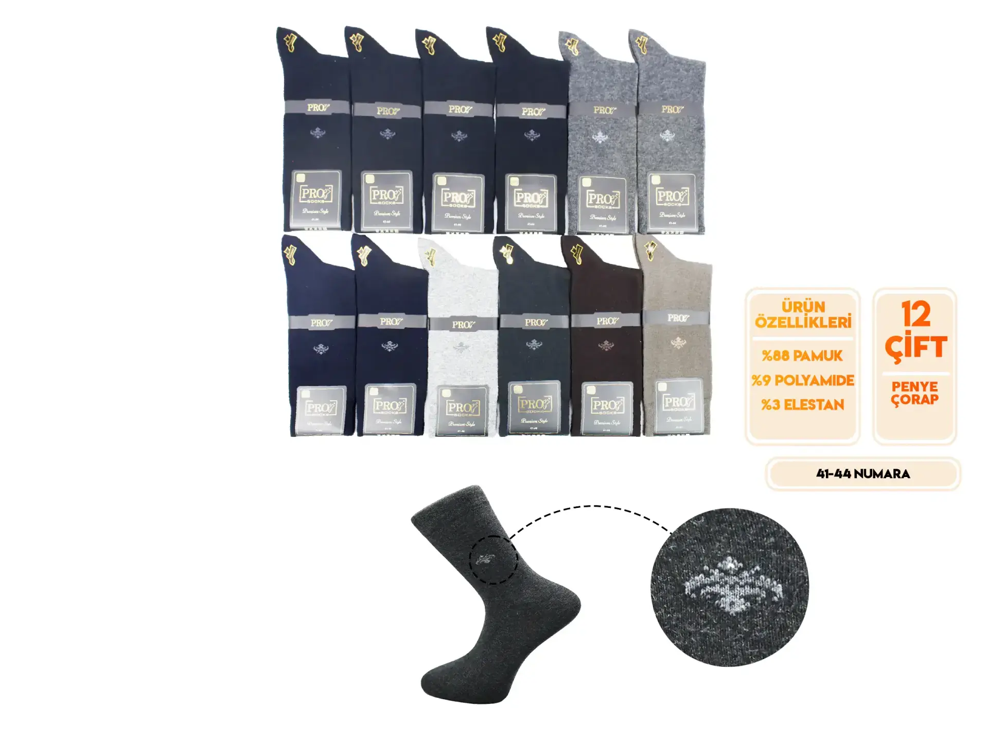Pro 15656 (41-44) Dikişsiz Penye Erkek Çorap 12'li
