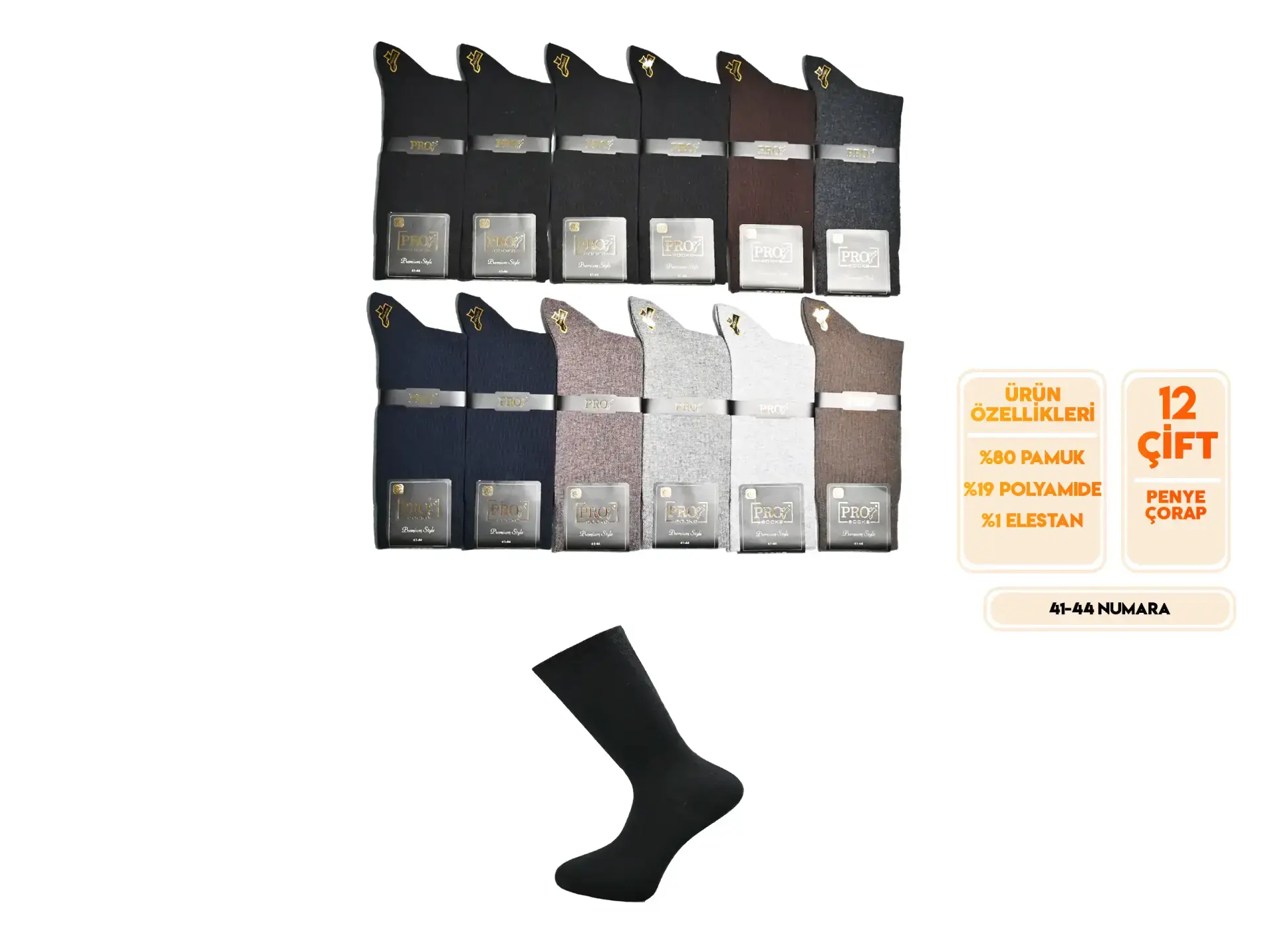 Pro 15601 (41-44) Dikişsiz Penye Erkek Çorap 12'li