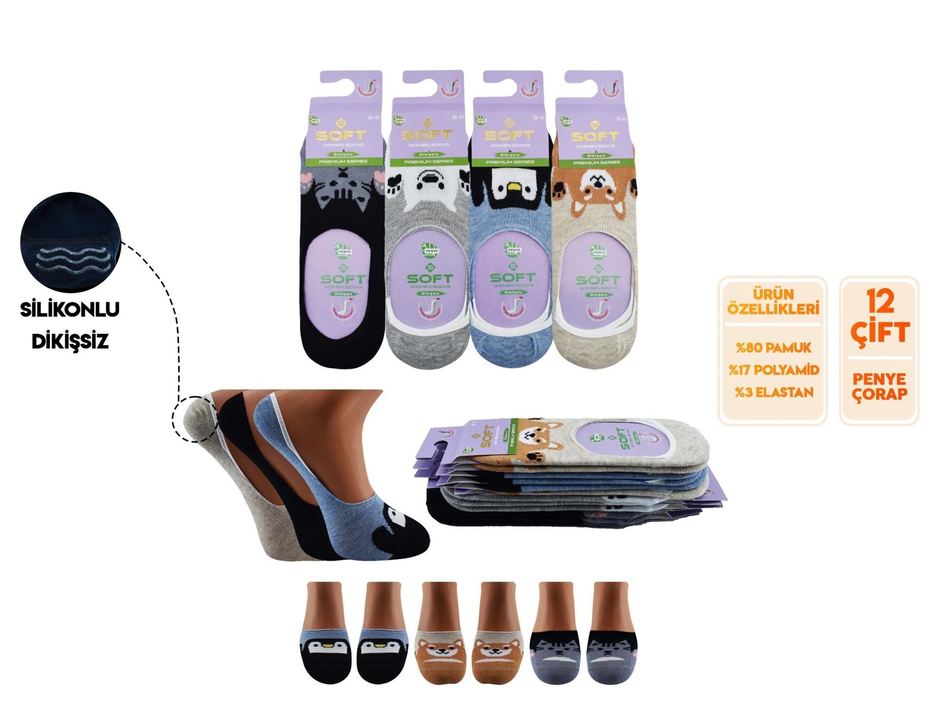 Softy 3 Yıkamalı Kokulu Dikişsiz Silikonlu Bayan Penye Babet 12'li