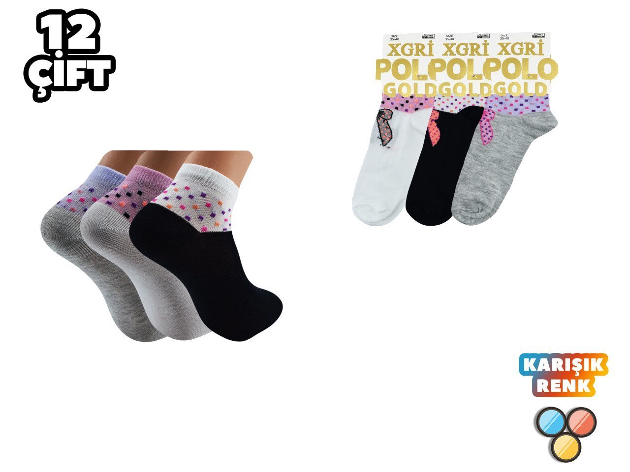 XGRİ POLO 7-15 3'lü Bayan Penye Patik 12'li