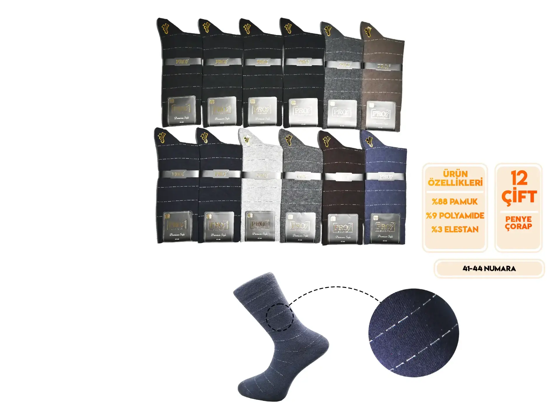 Pro 15658 (41-44) Dikişsiz Penye Erkek Çorap 12'li