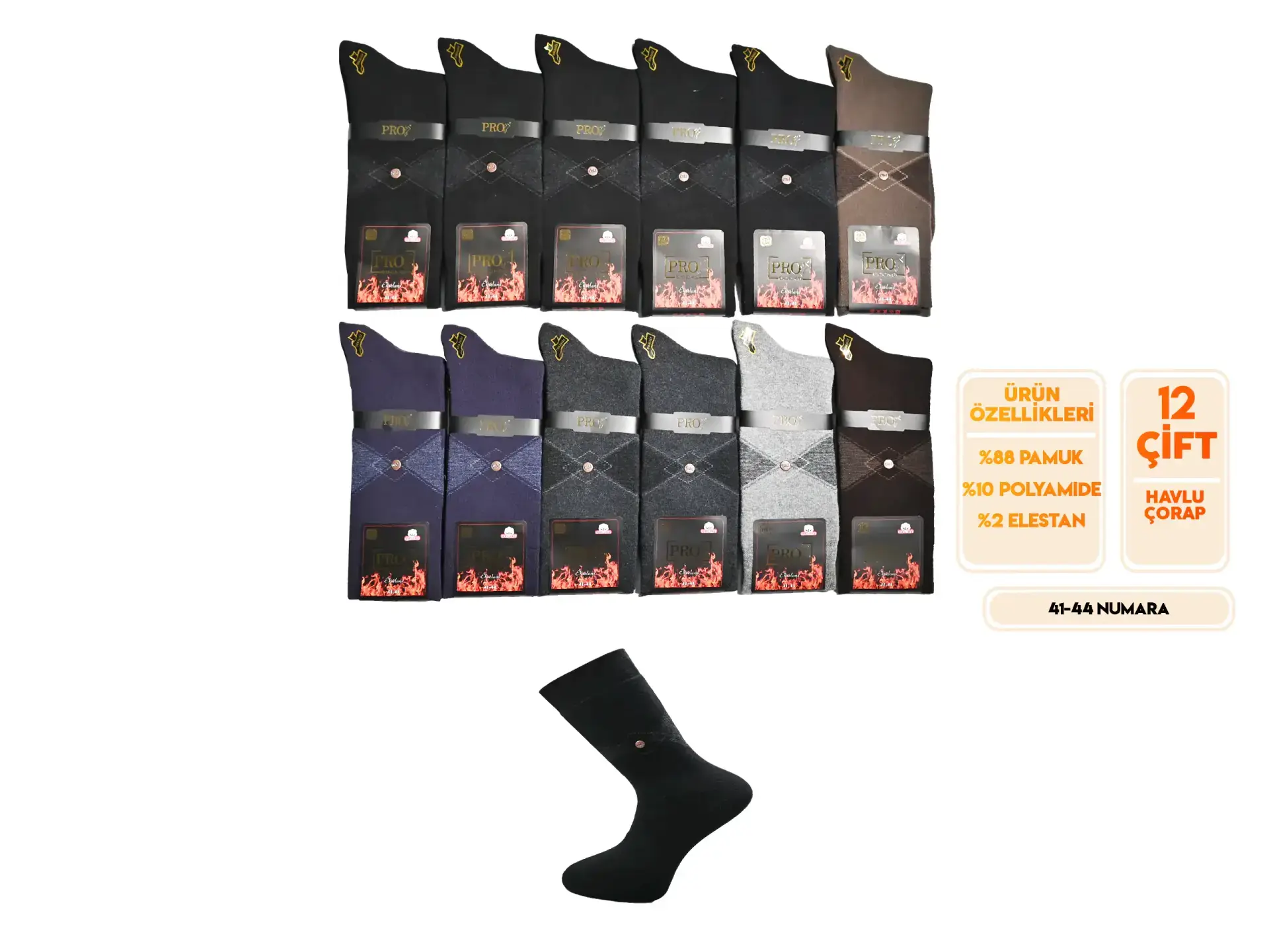 Pro 14638 (41-44) Dikişsiz Havlu Erkek Çorap 12'li